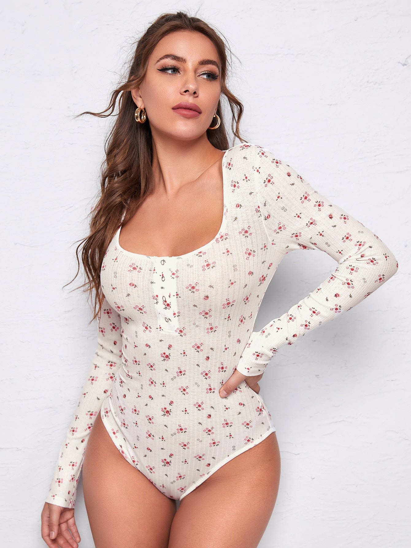 Button Half Placket Floral Print Bodysuit