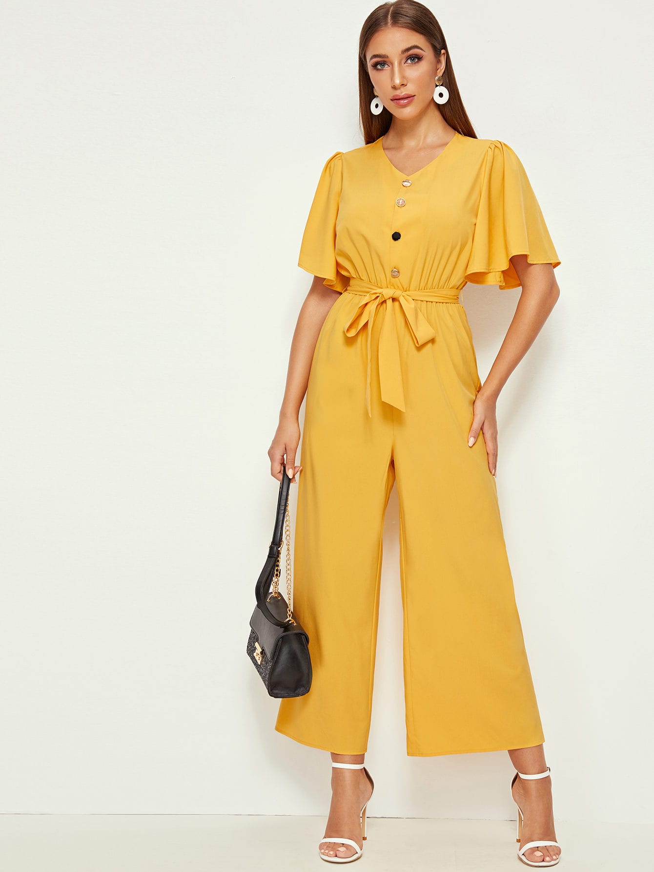 Button Half Placket Flutter Sleeve Wide Leg Jumpsuit