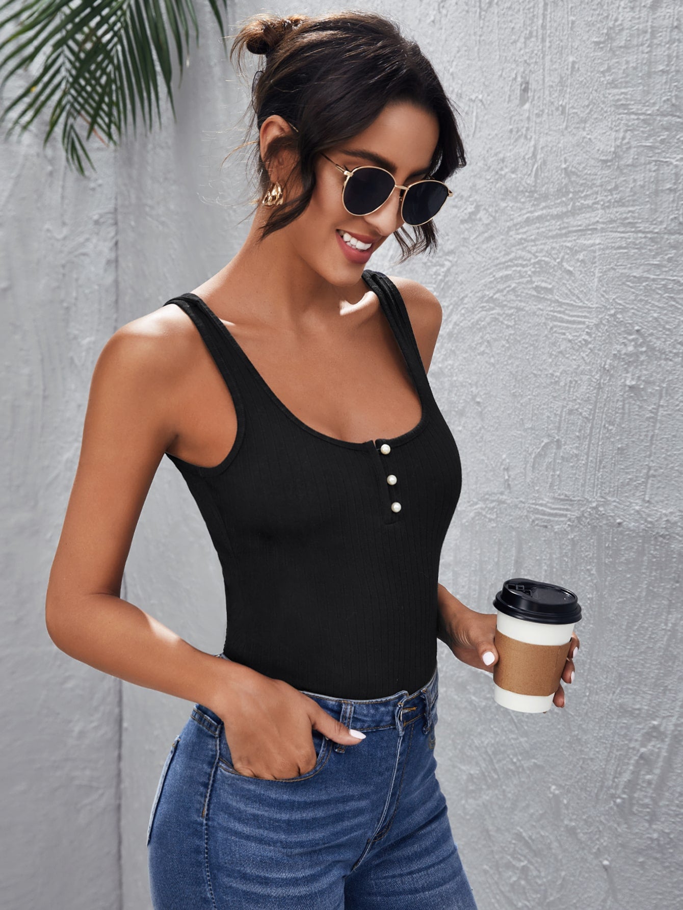 Button Half Placket Tank Top