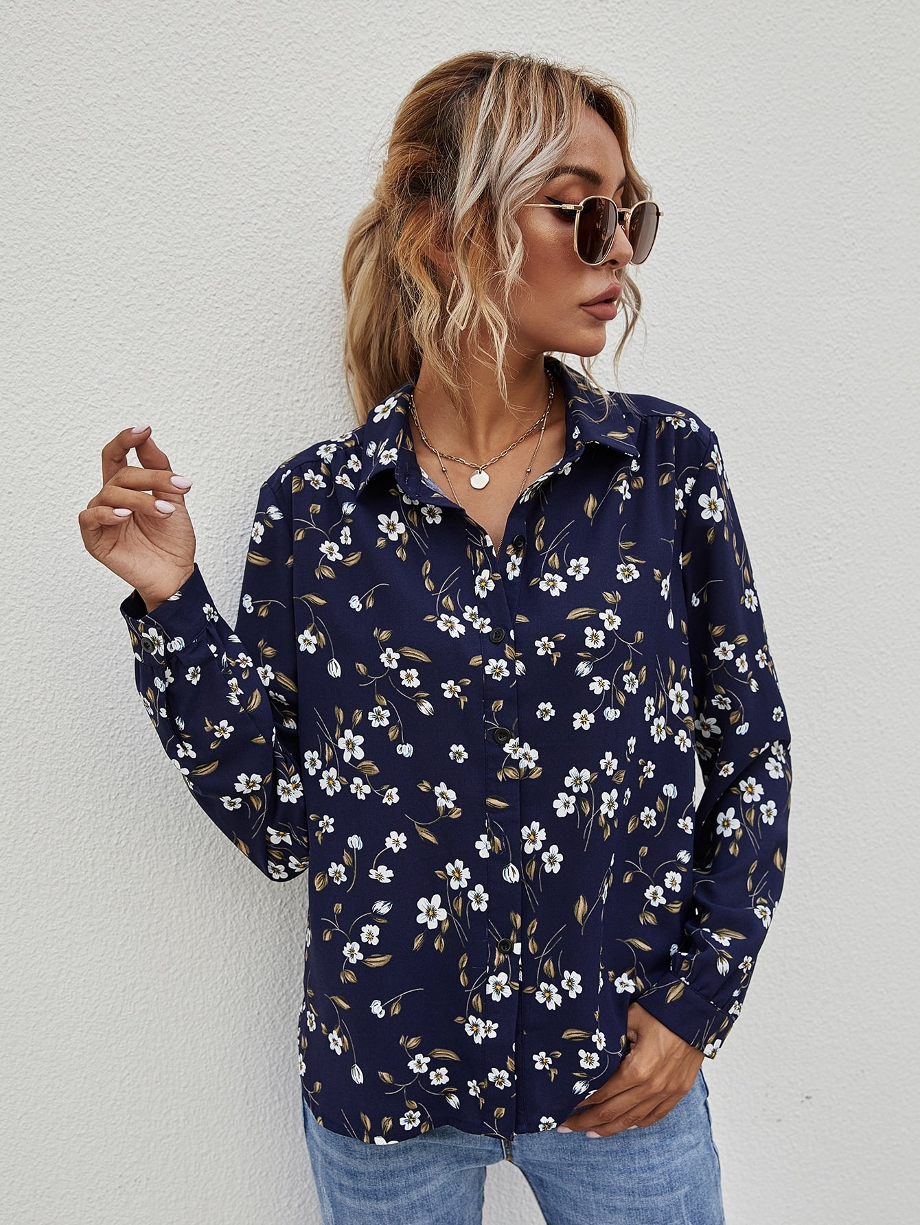 Button Through Allover Floral Blouse