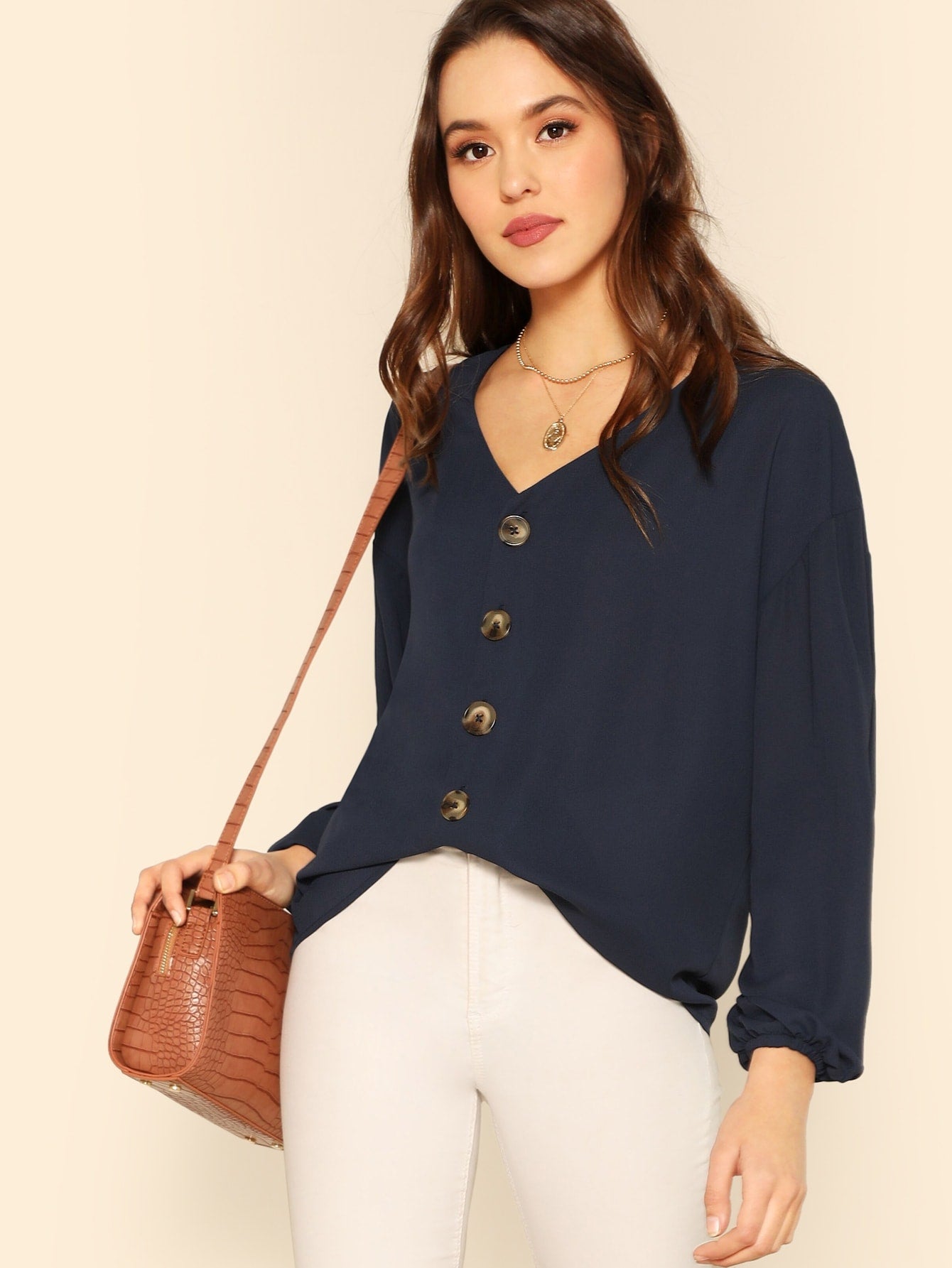 Button Through Blouson Sleeve Top