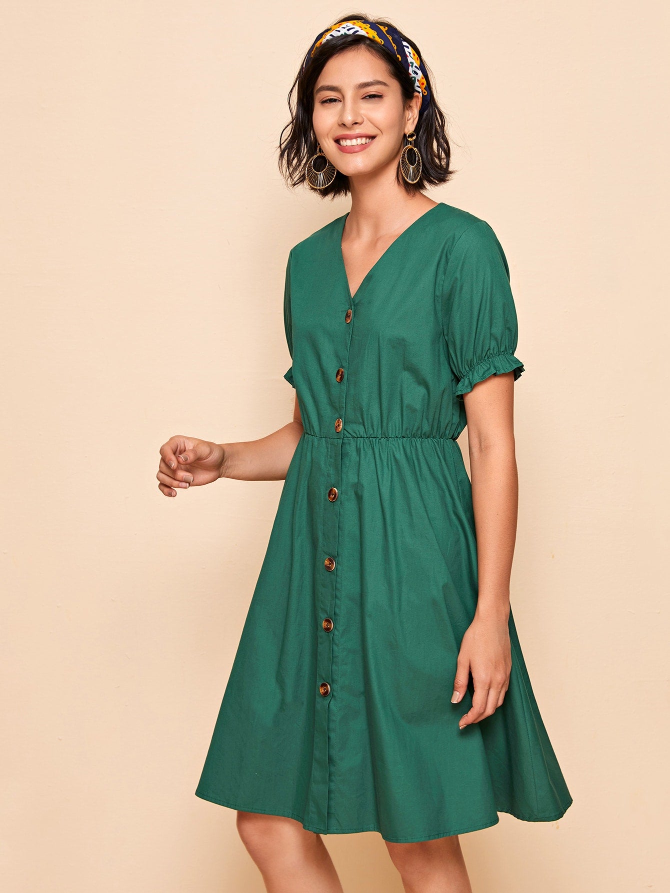 Button Through Flounce Sleeve Solid Dress