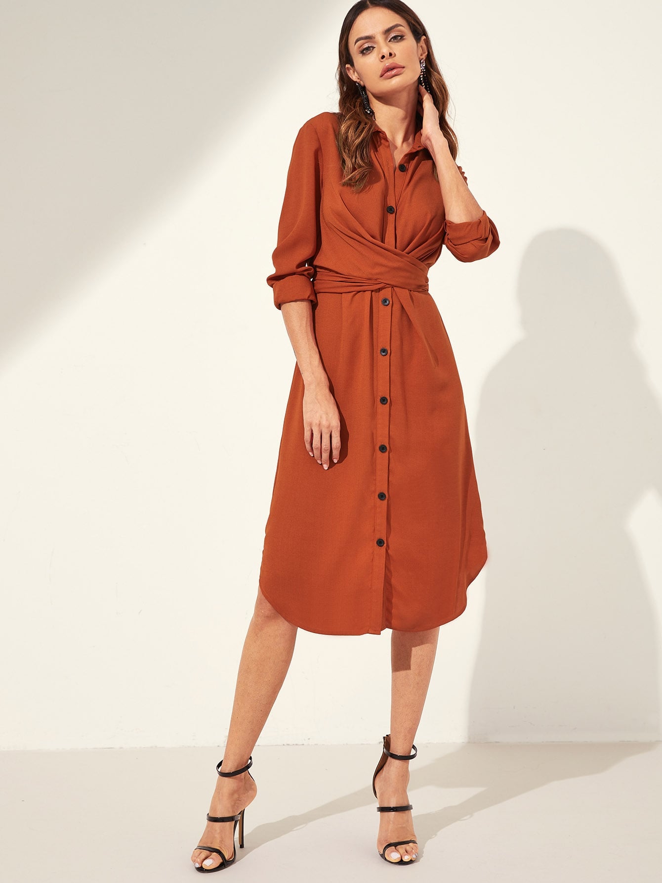 Button Through Self Tie Shirt Dress