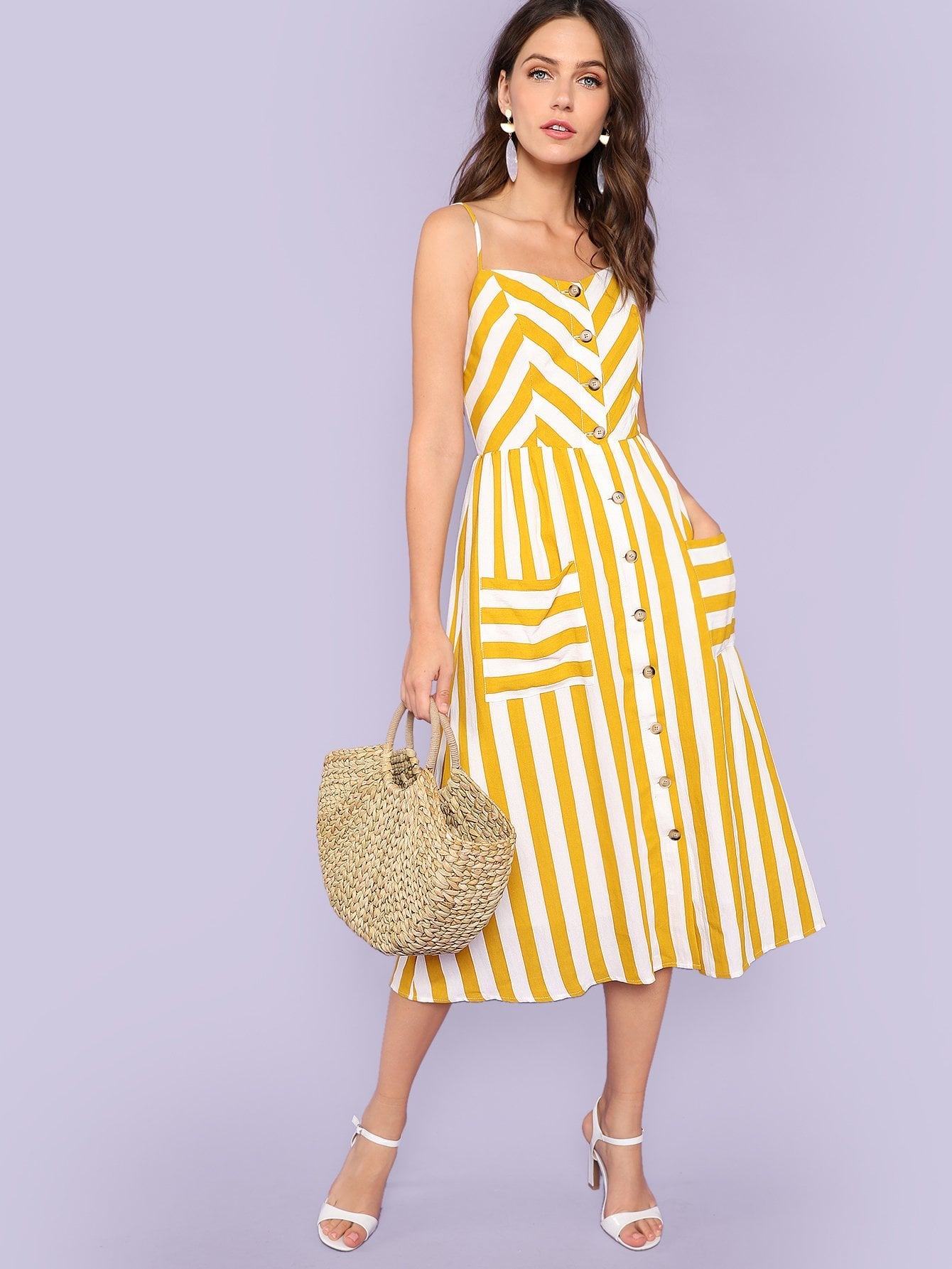 Button Through Shirred Back Pocket Striped Cami Dress