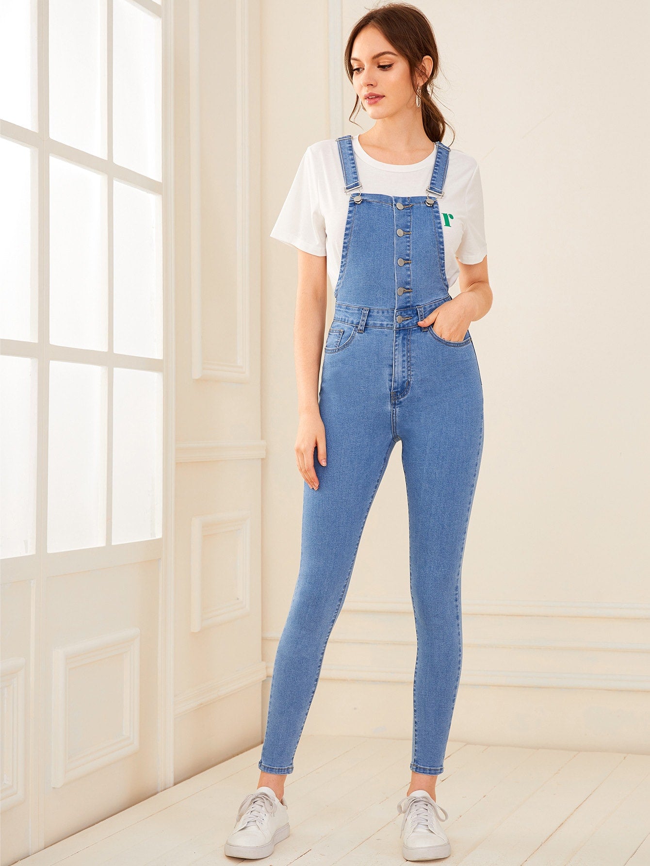 Button Through Skinny Denim Overall