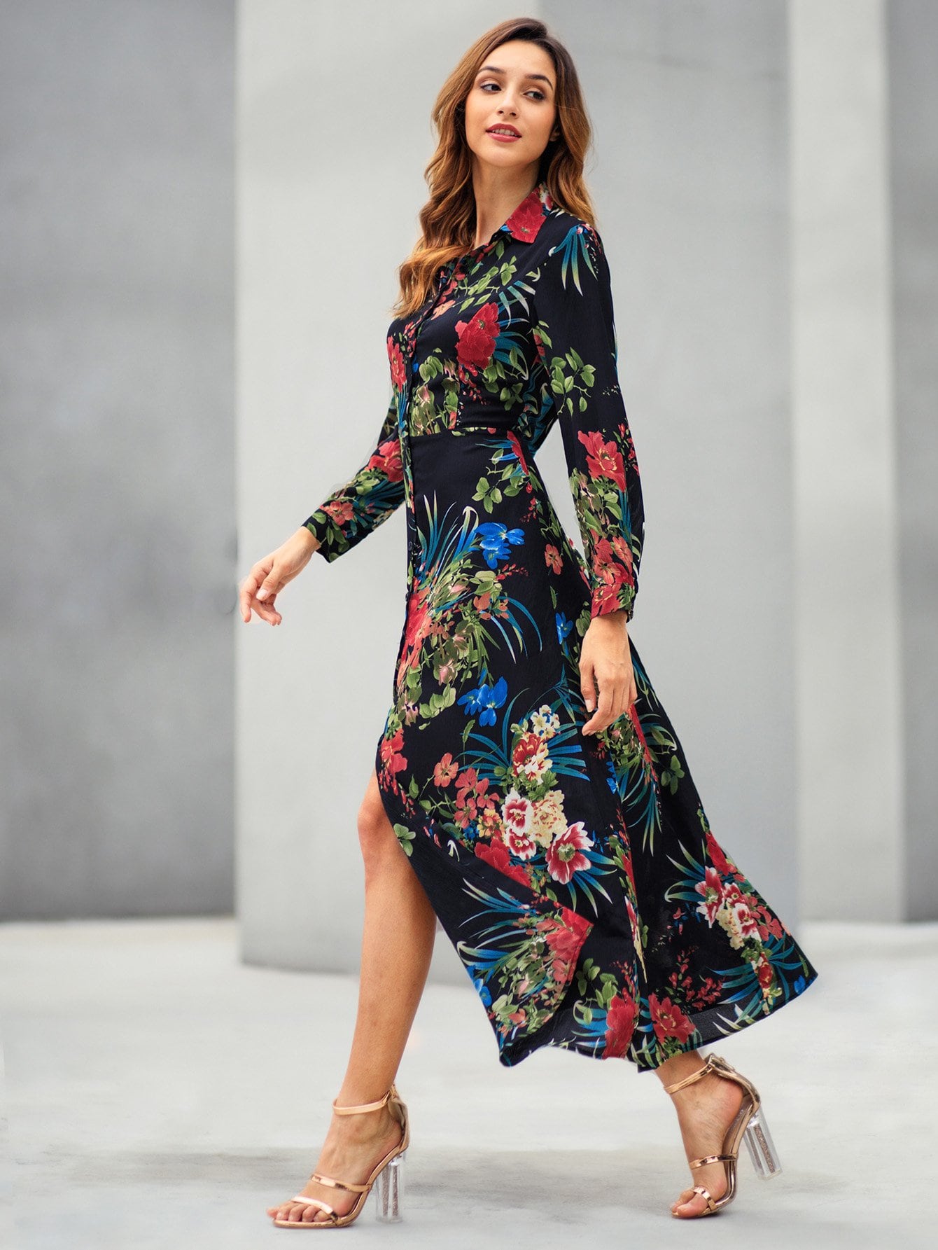 Button Through Split Floral Shirt Dress