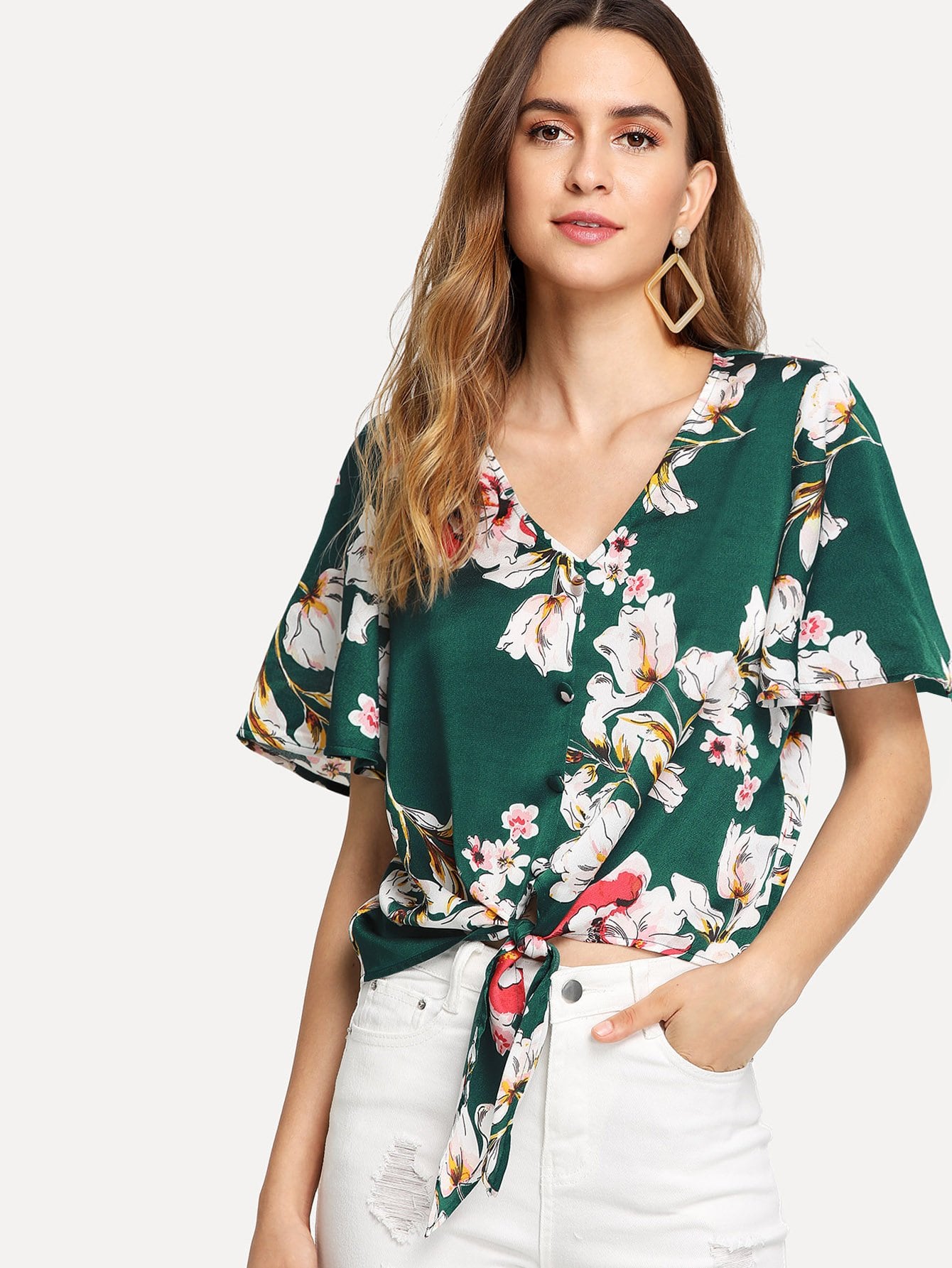 Button Up Bell Sleeve Knot Floral Blouse