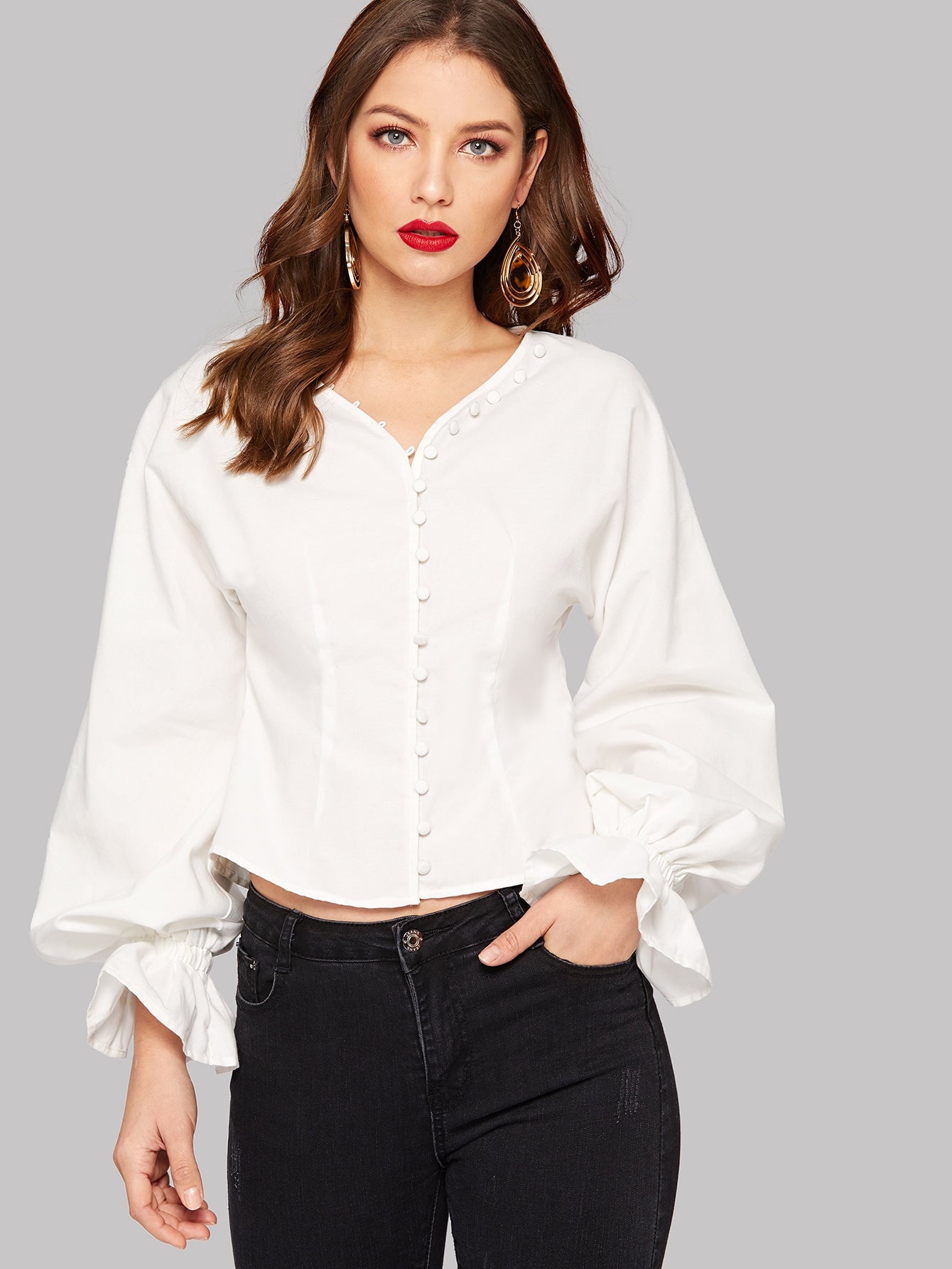 Button Up Flounce Sleeve Blouse