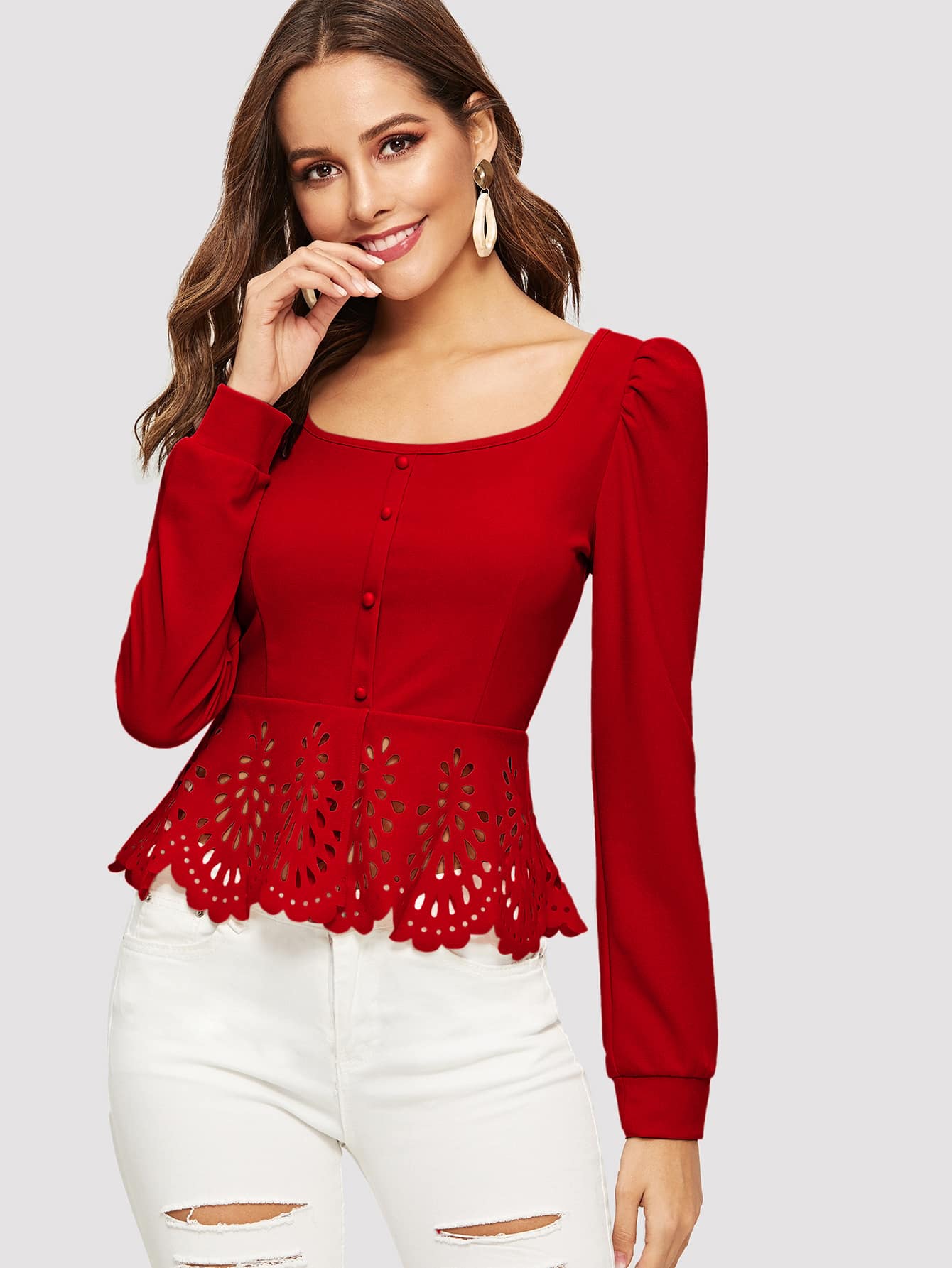 Button Up Laser Cut Scallop Peplum Blouse