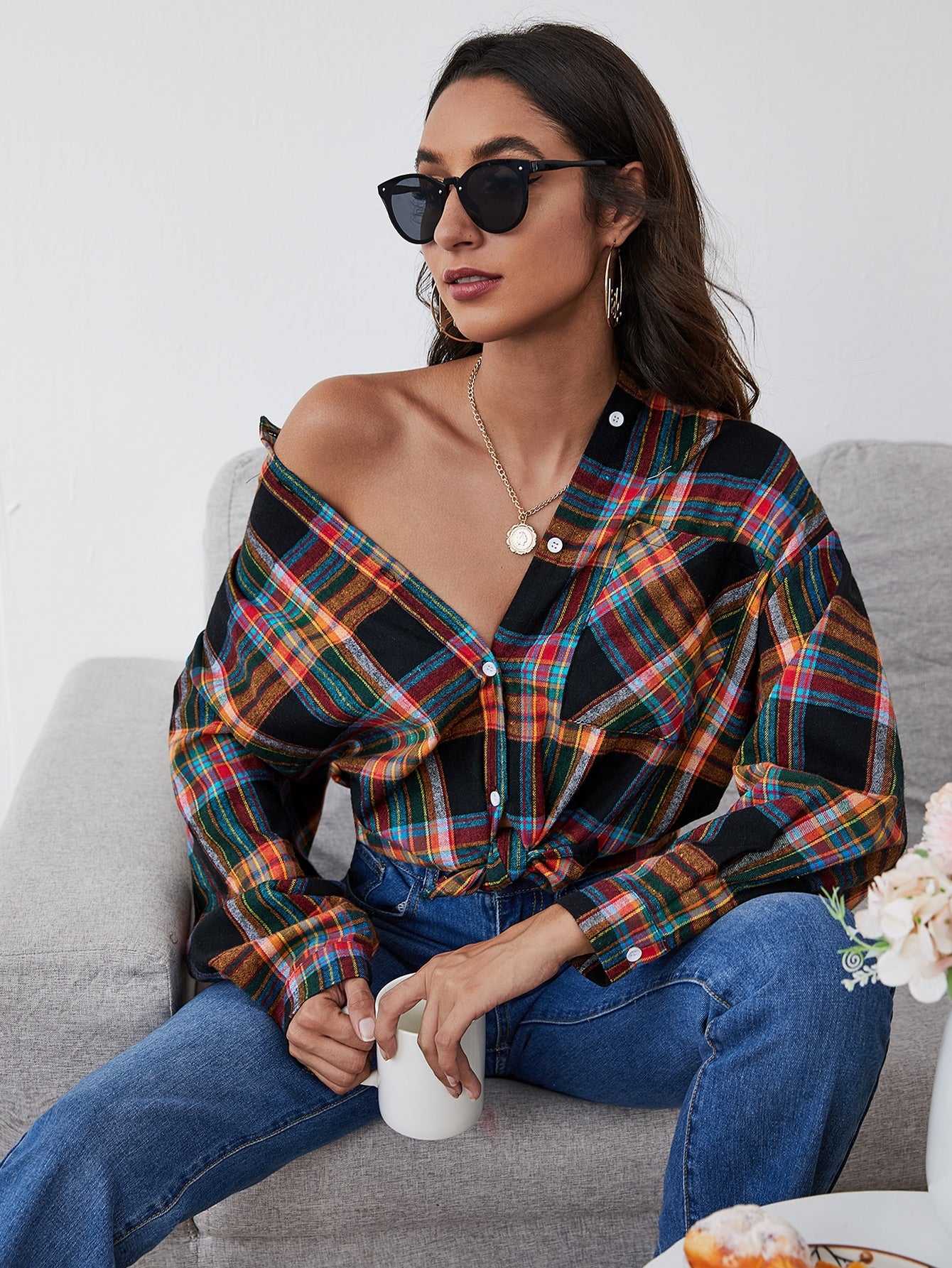 Button Up Plaid Oversized Blouse