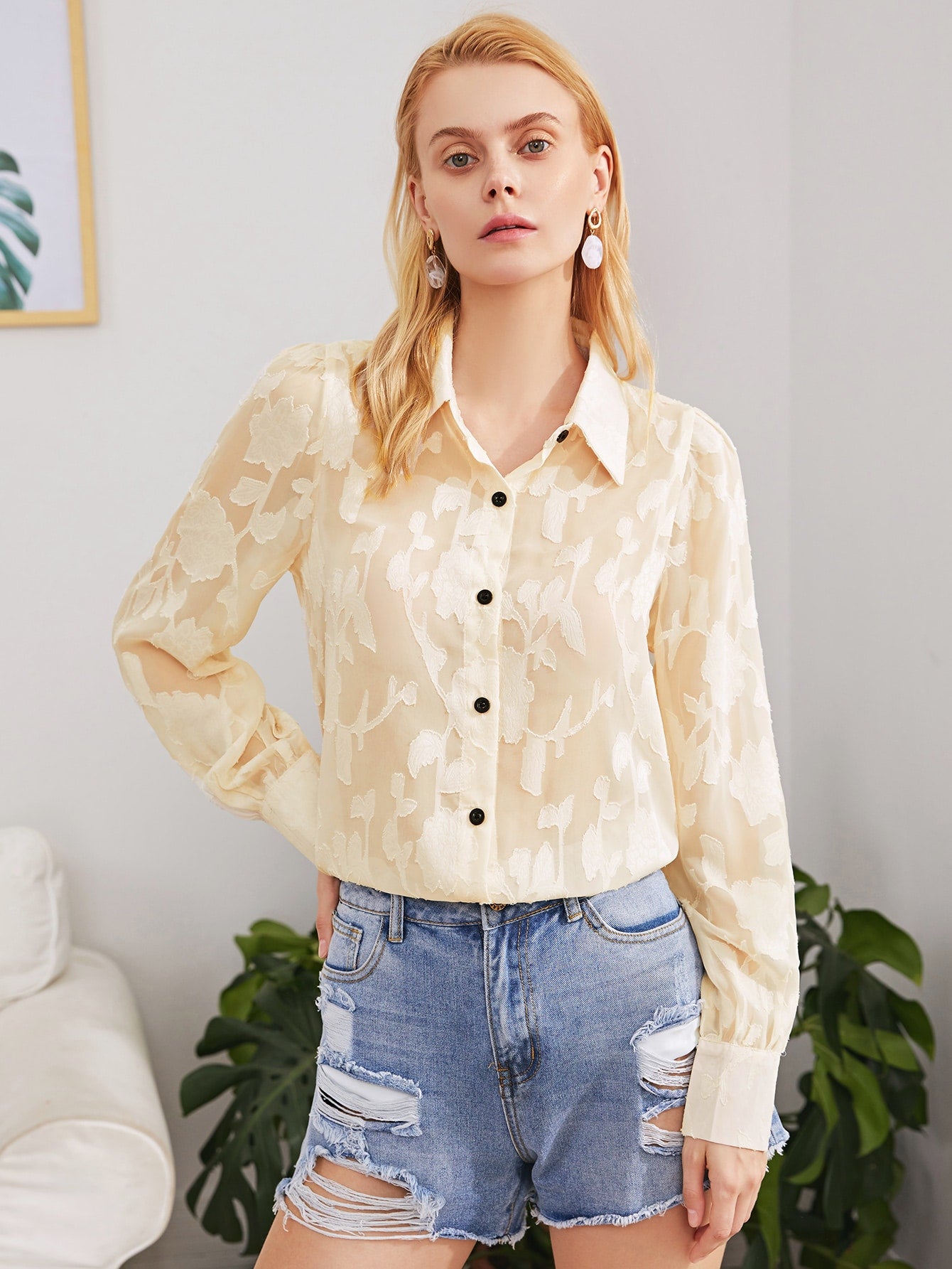 Button Up Sheer Lace Blouse