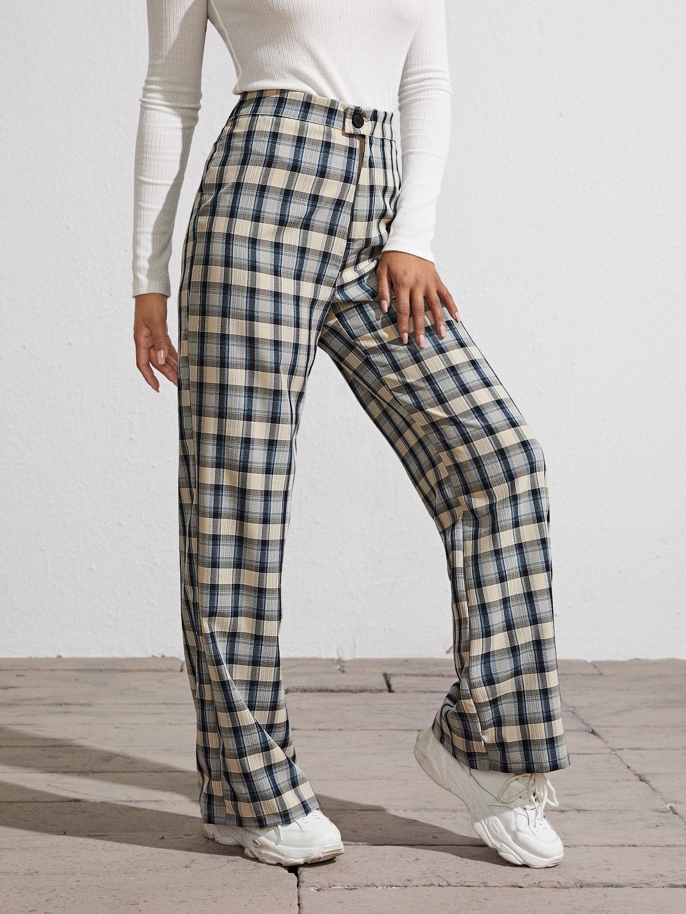 Button Waist Tartan Wide Leg Pants