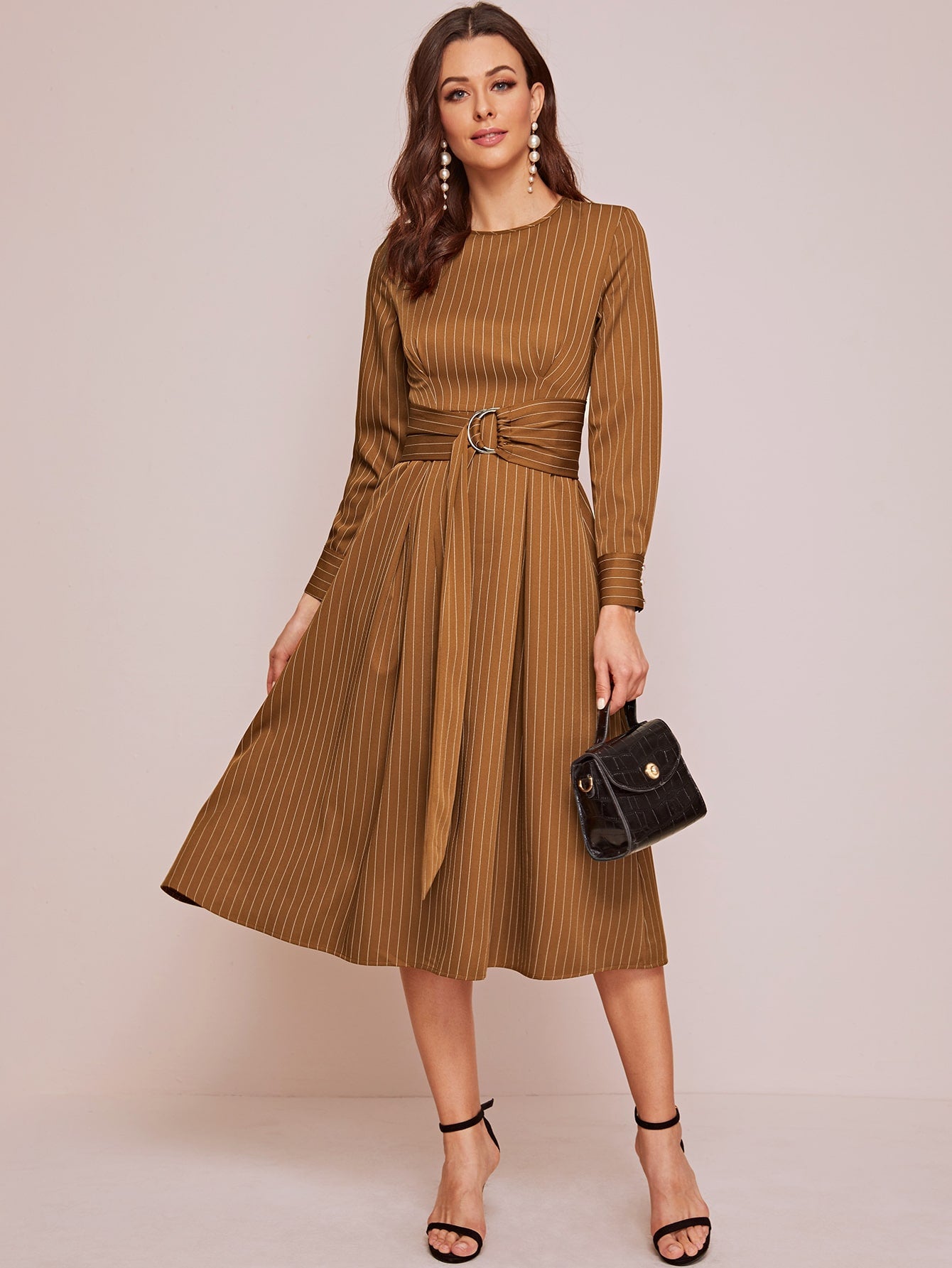 Buttoned Cuff Striped Dress With Belt