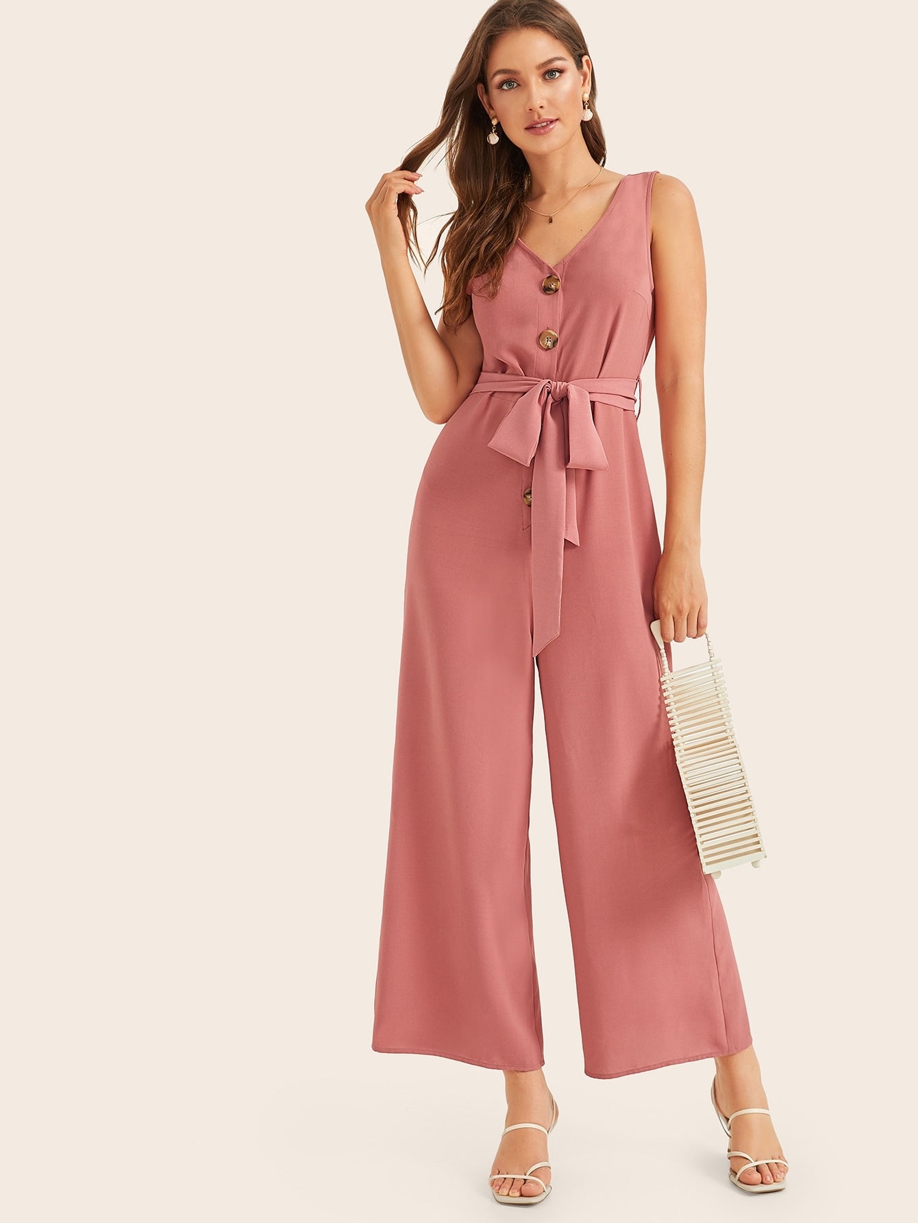 Buttoned Front Belted Wide Leg Jumpsuit