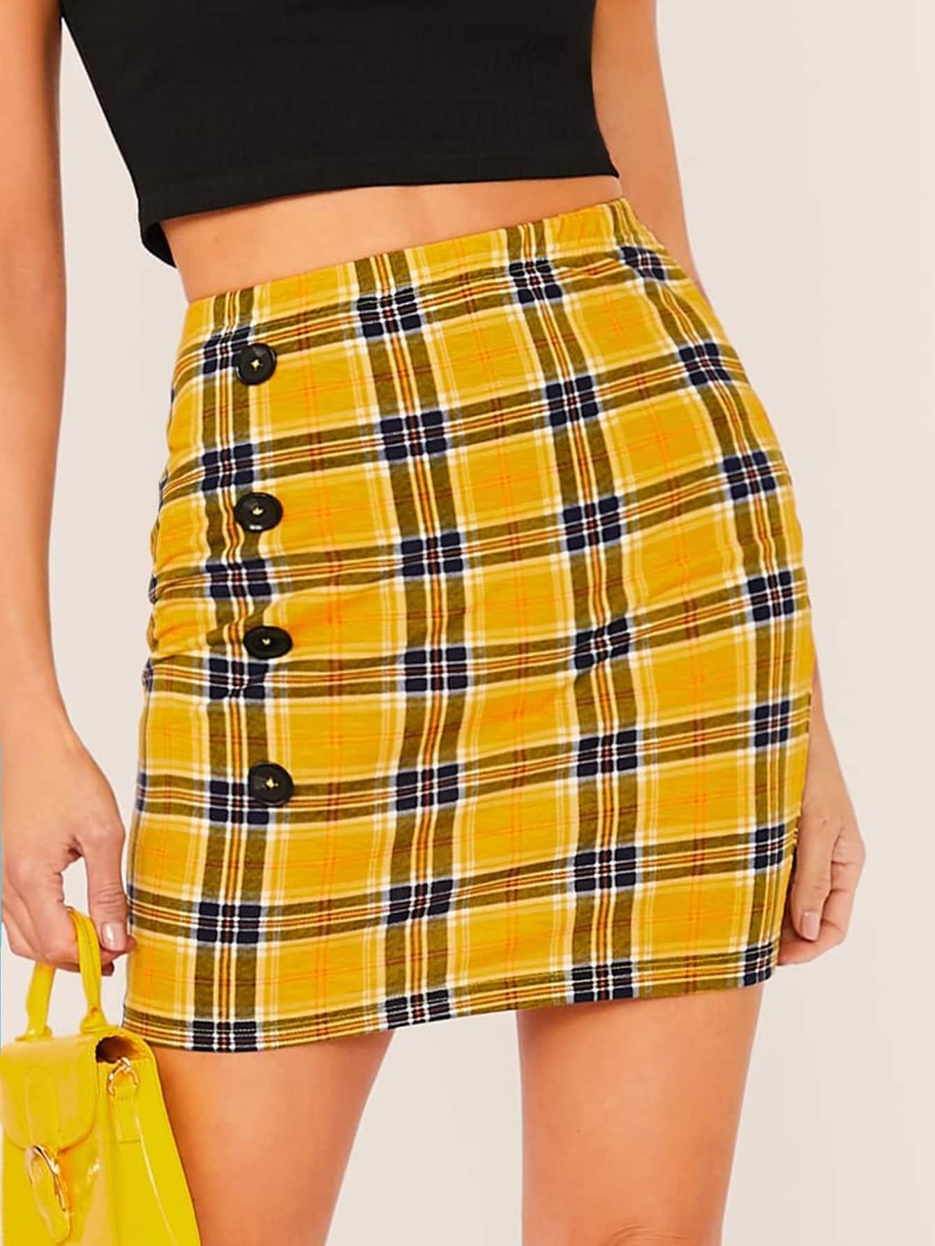 Buttoned Front Tartan Pencil Skirt