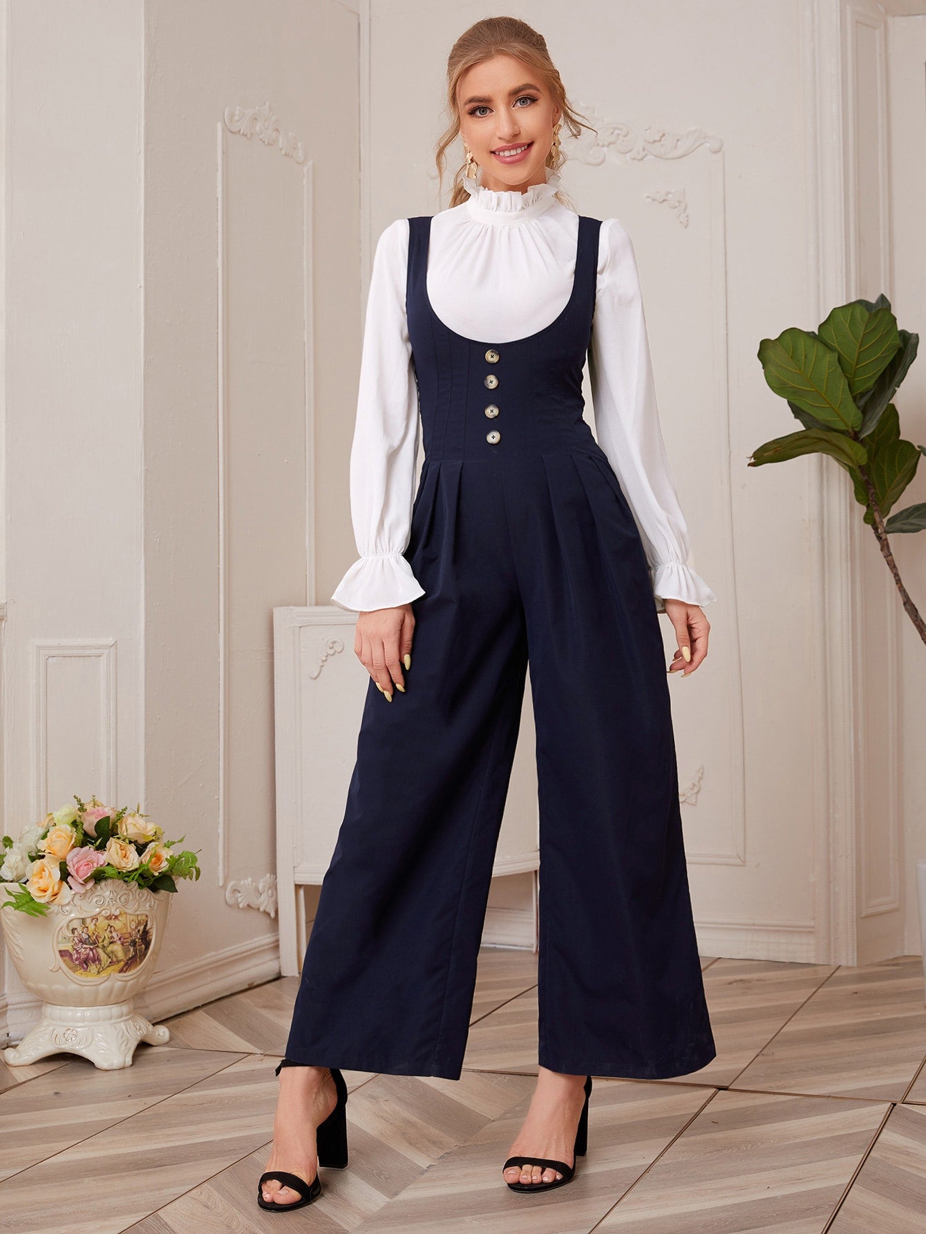 Buttoned Front Wide Leg Pinafore Jumpsuit