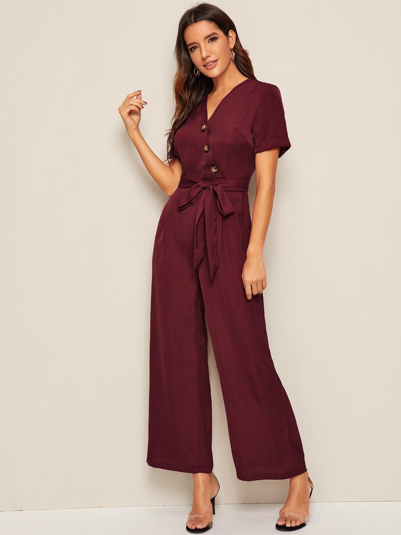 Buttoned Half Placket Belted Wide Leg Jumpsuit