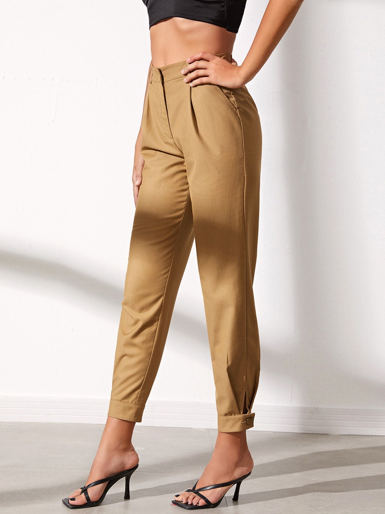 Buttoned Hem Solid Pants