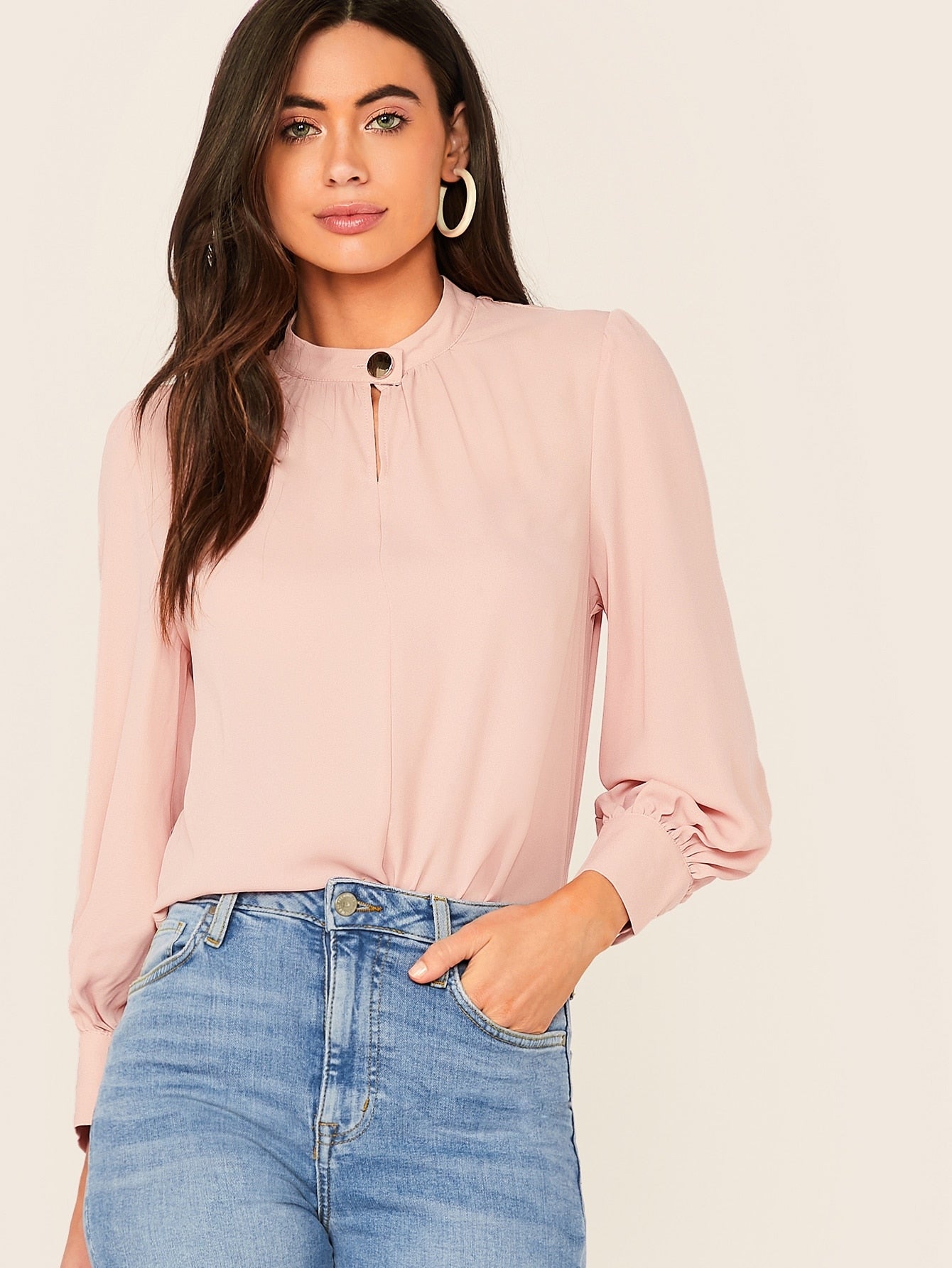 Buttoned Neck Puff Sleeve Top