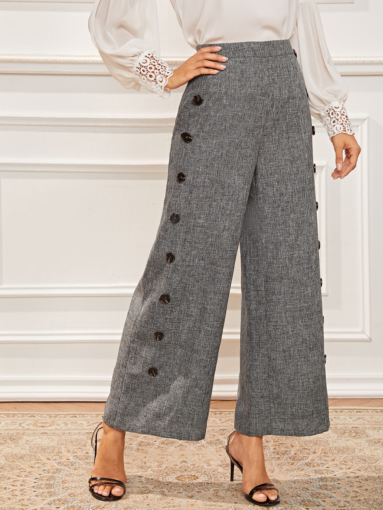 Buttoned Patched Wide Leg Marled Pants