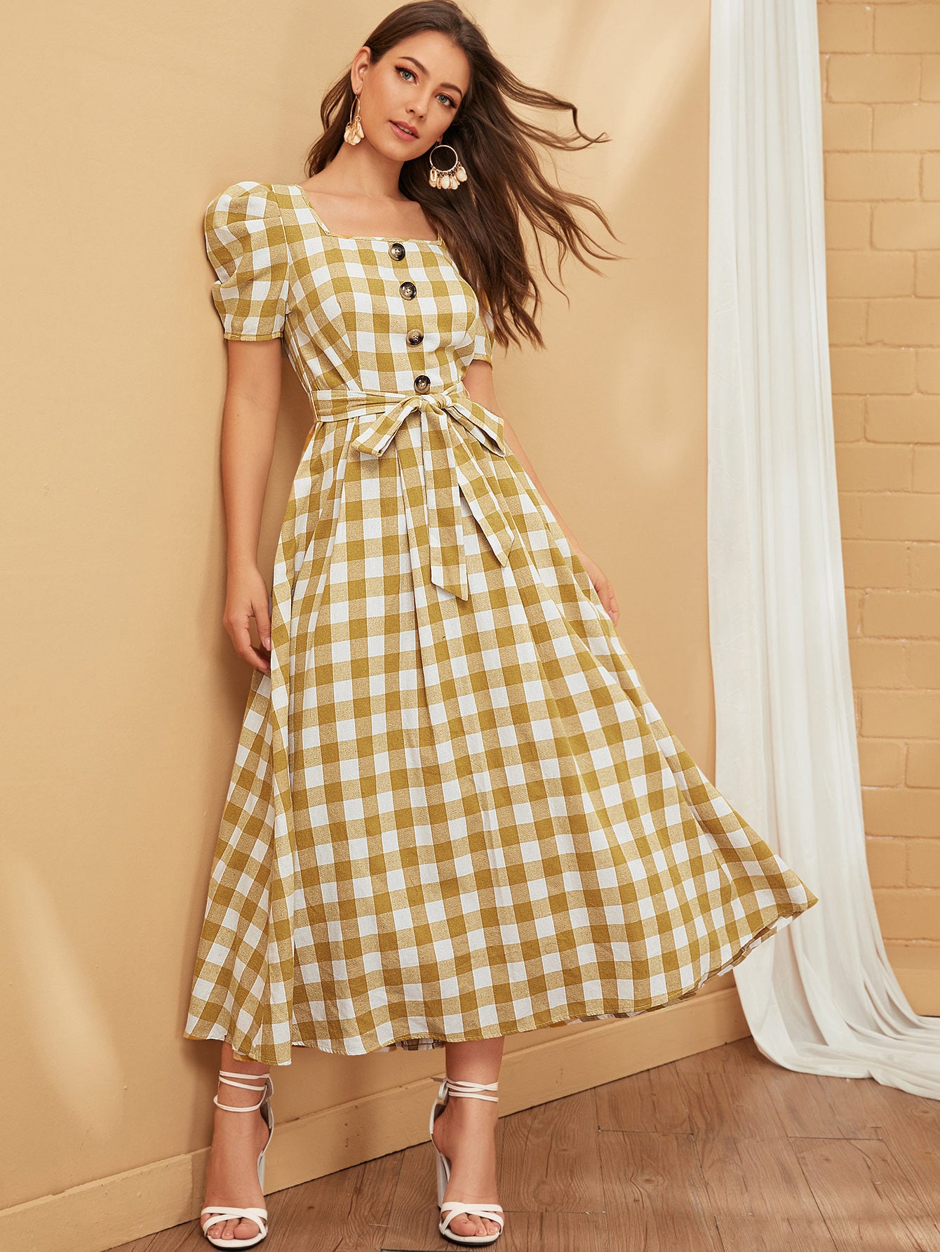 Buttoned Puff Sleeve Belted Gingham Dress