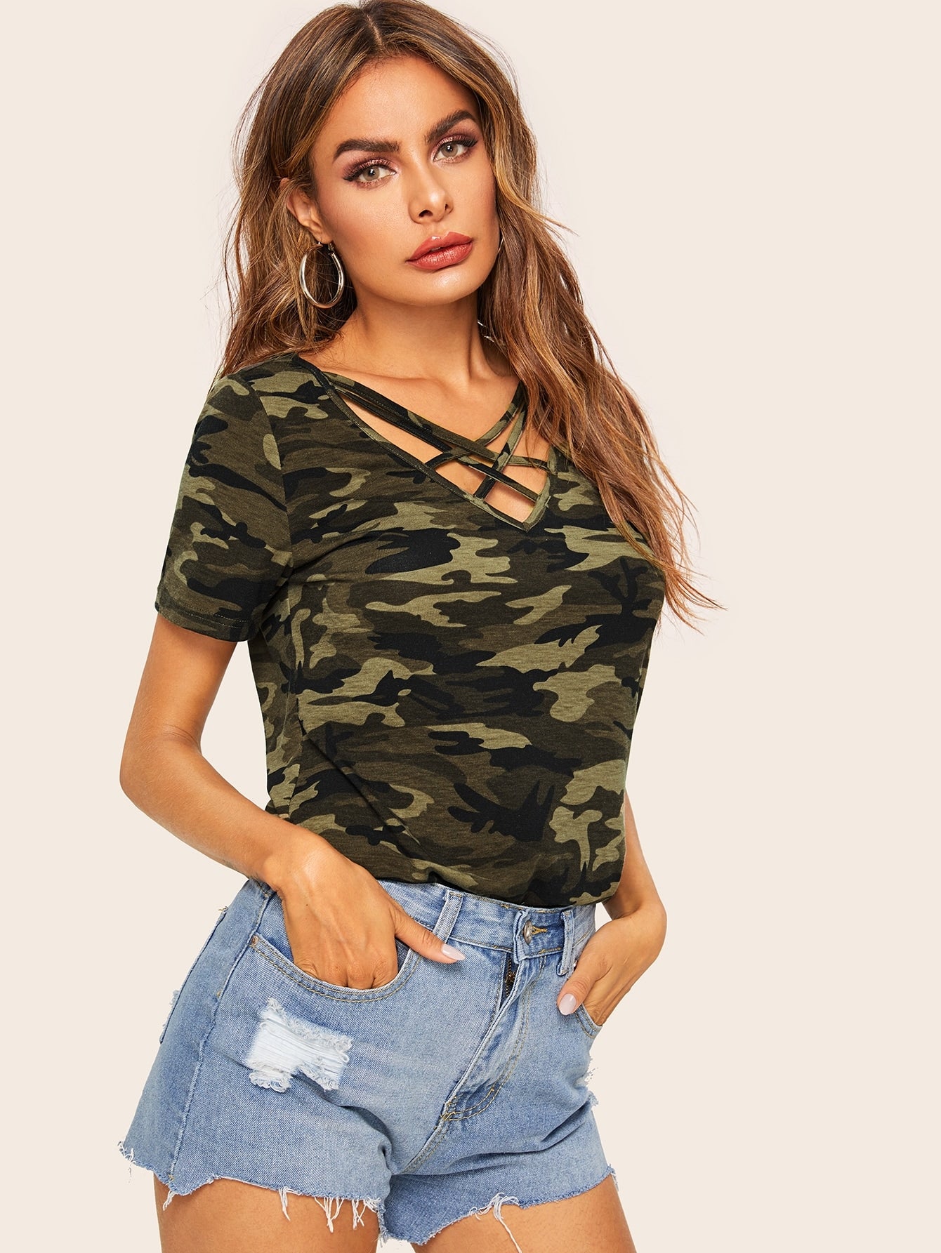 Cage Neck Camo Print Tee