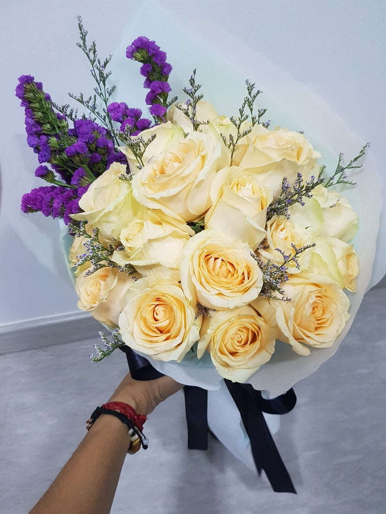 CAMILA - CHAMPAGNE ROSES & PURPLE STATICE FLOWER BOUQUET