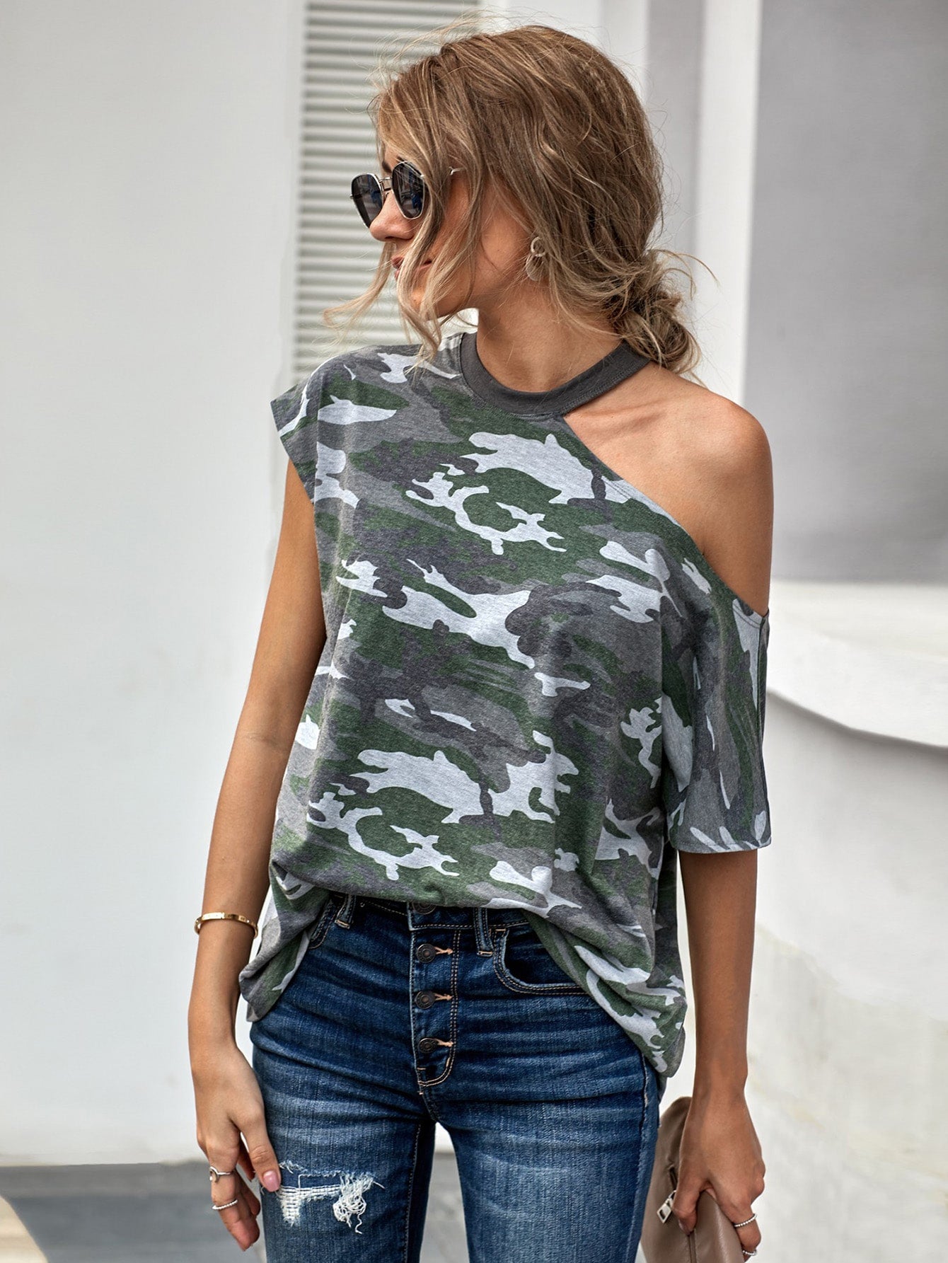 Camo Print Asymmetrical Neck Tee