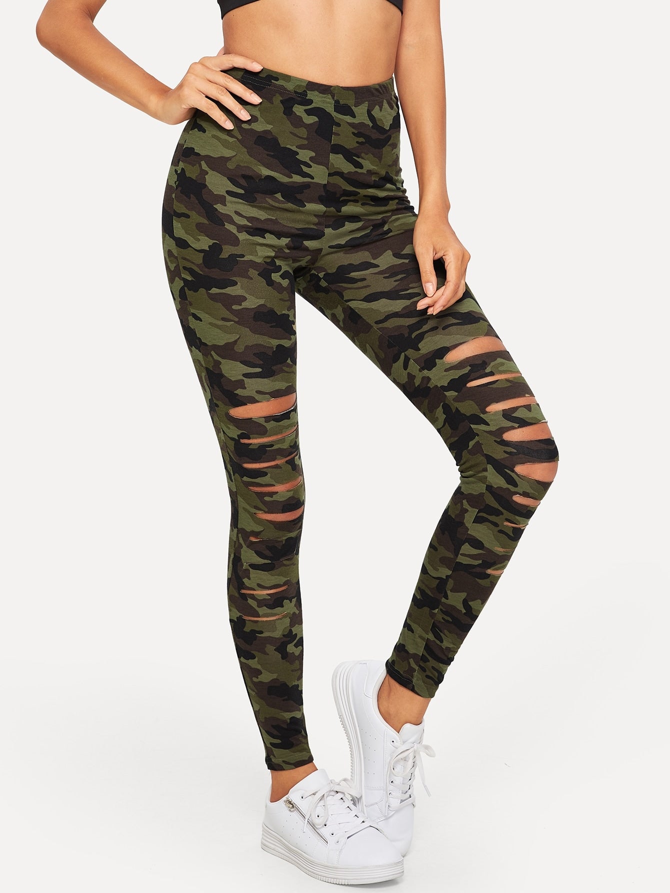 Camo Print Ripped Leggings