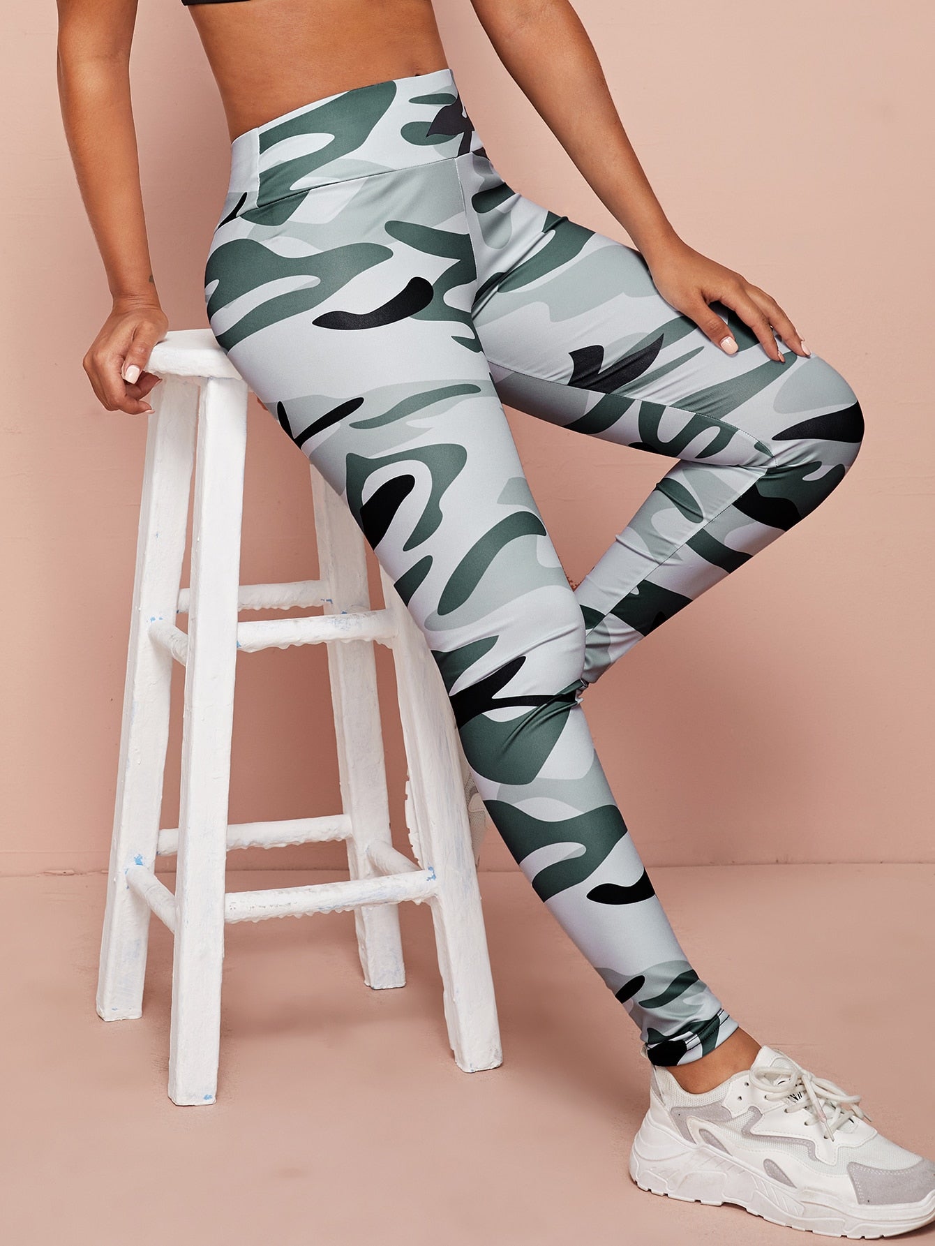 Camo Print Wide Band Waist Sports Leggings