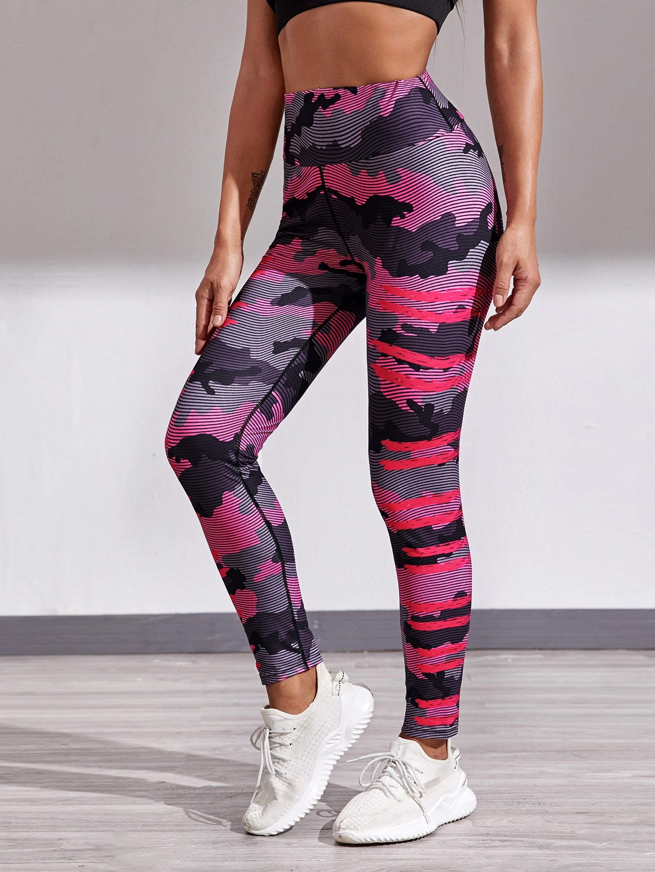 Camo & Striped Print Sports Leggings