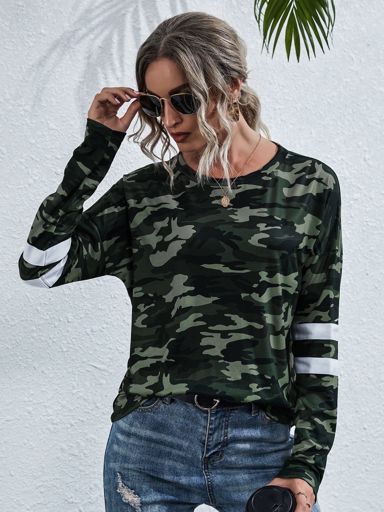 Camo Varsity Striped Drop Shoulder Tee