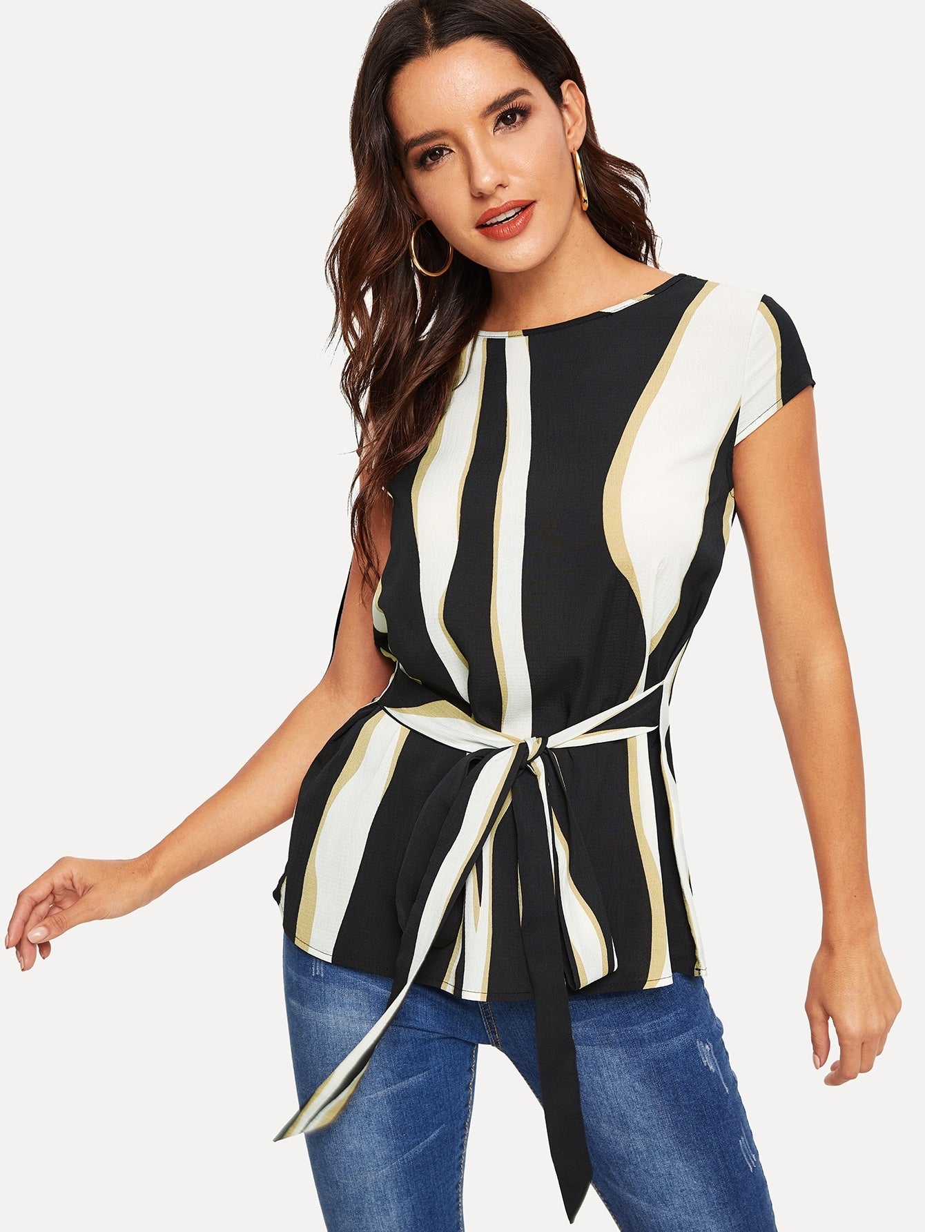 Cap Sleeve Colorblock Belted Blouse