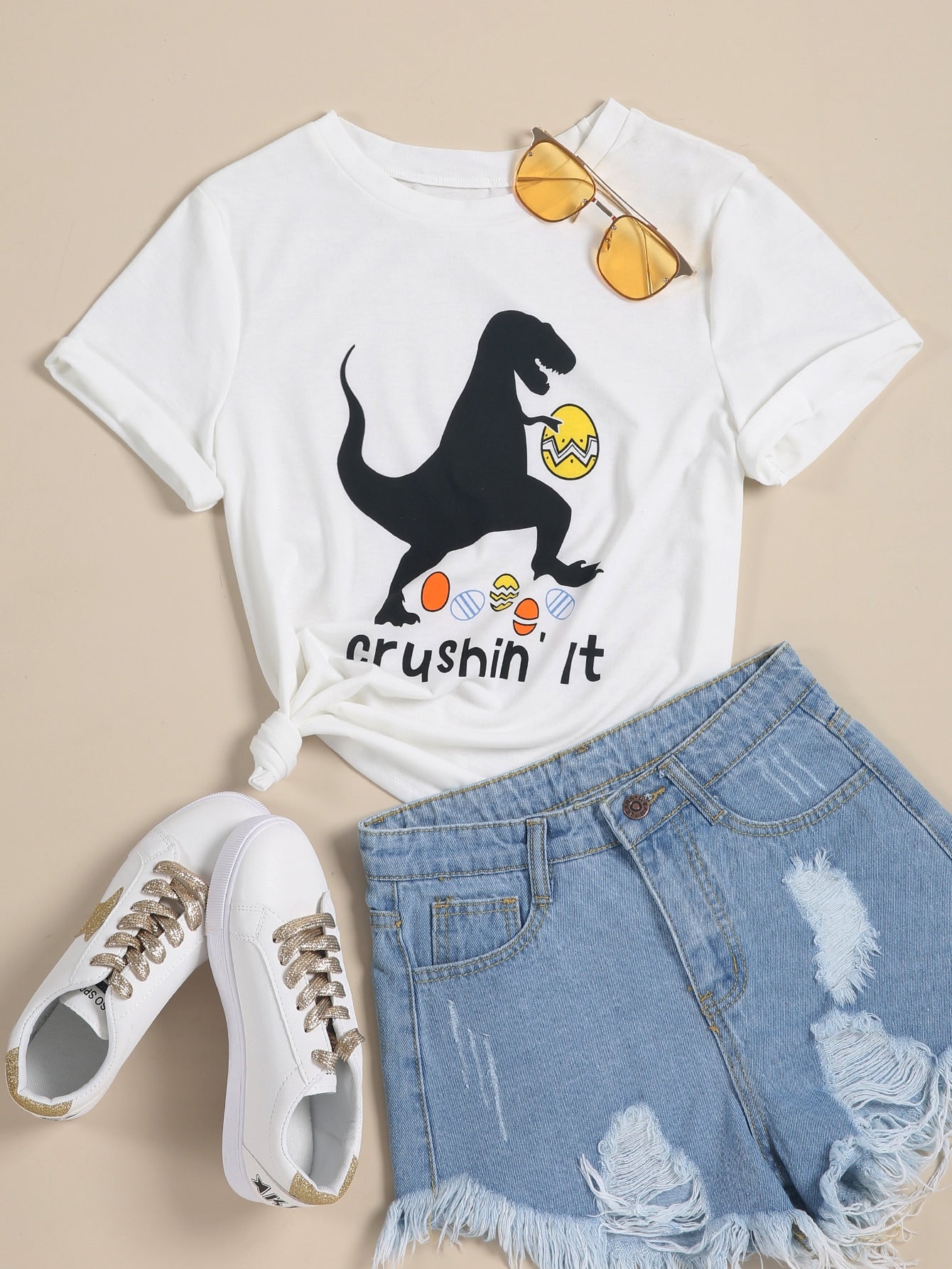 Cartoon Dinosaur And Slogan Print Tee