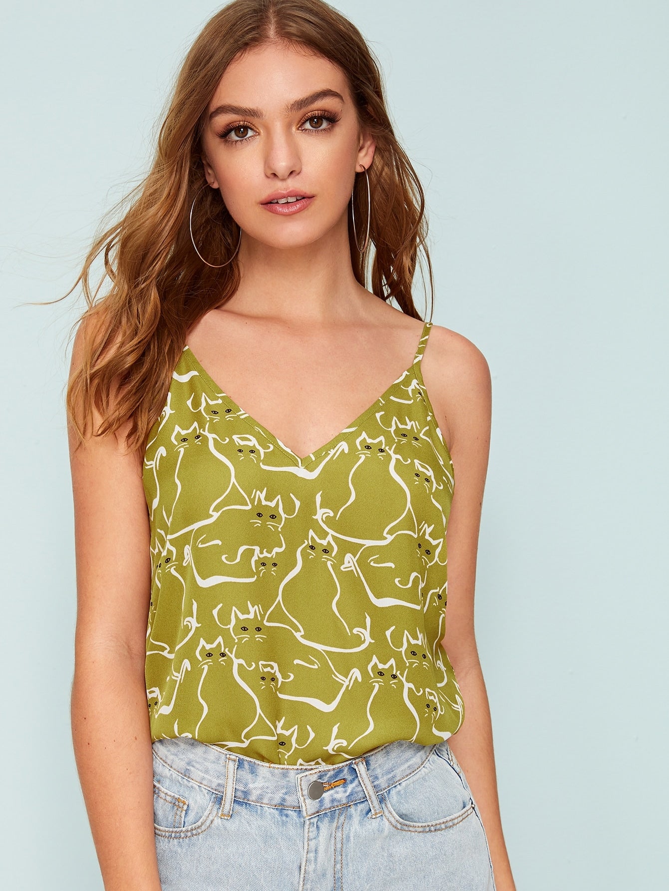 Cartoon Print Double V Neck Cami Top