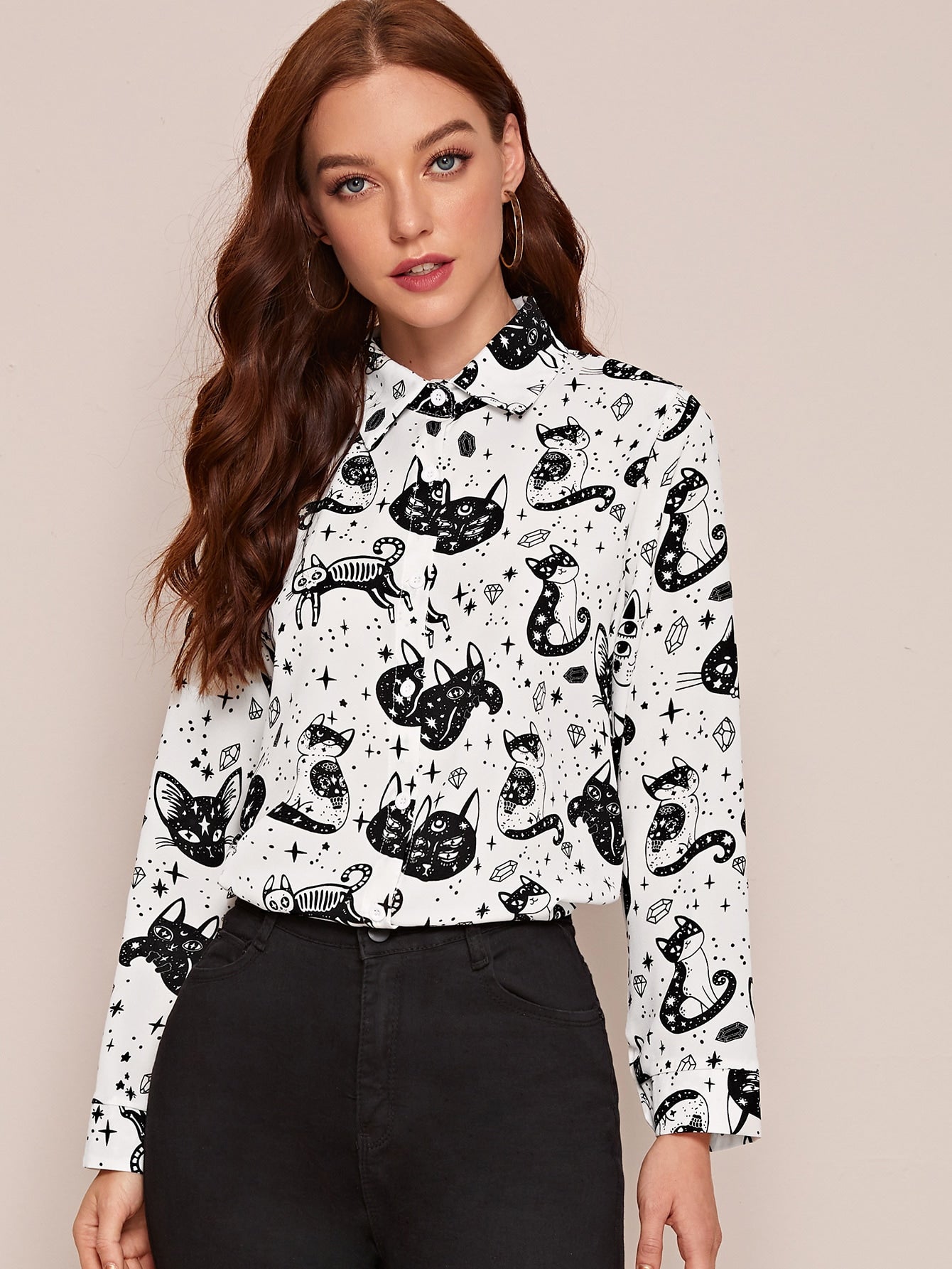 Cat Graphic Button Up Blouse