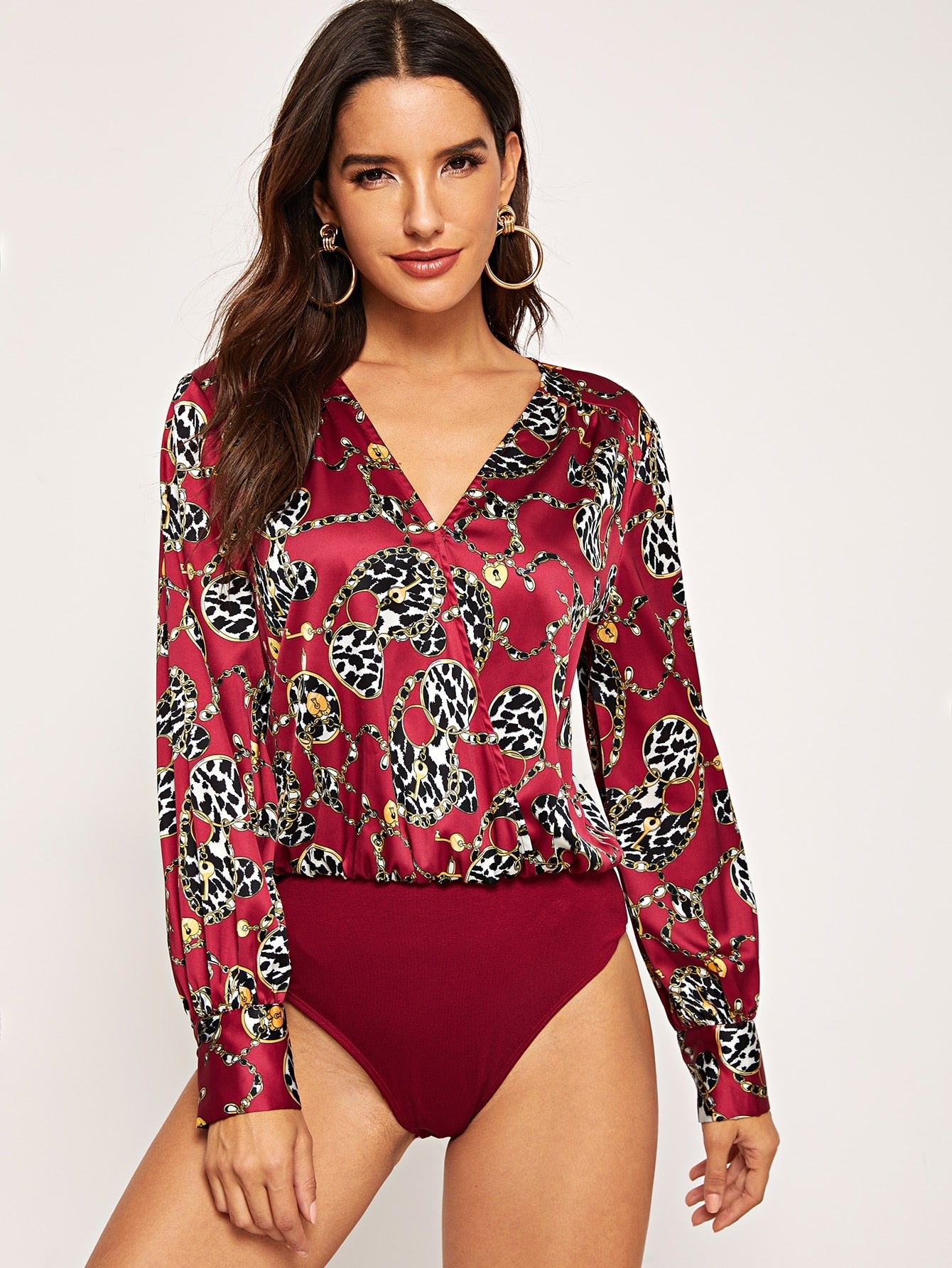 Chain & Leopard Print Satin Wrap Blouse Bodysuit