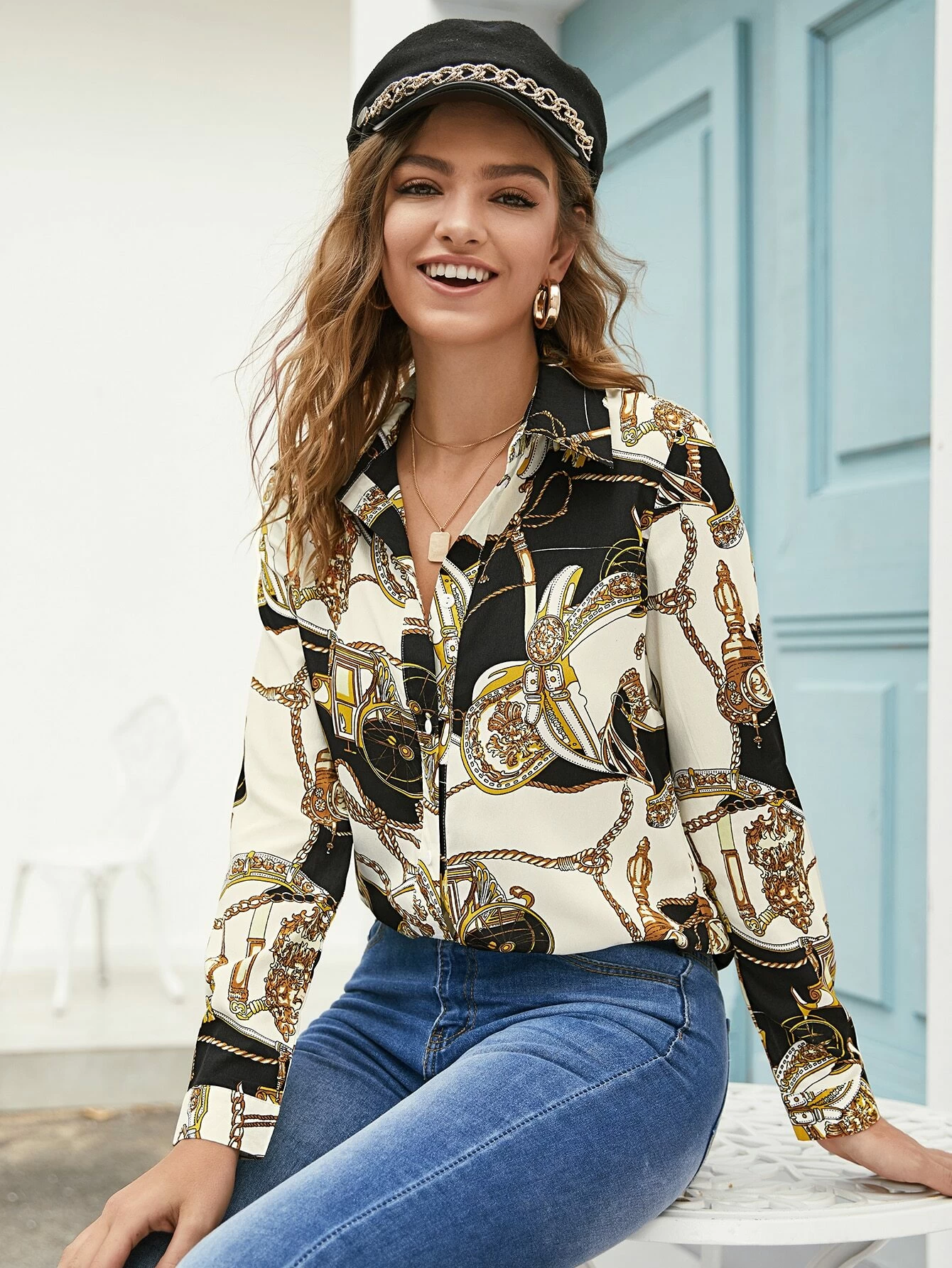 Chain Print Button Through Blouse