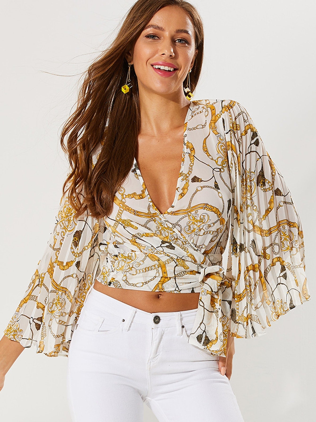 Chain Print Pleated Sleeve Wrap Knotted Top