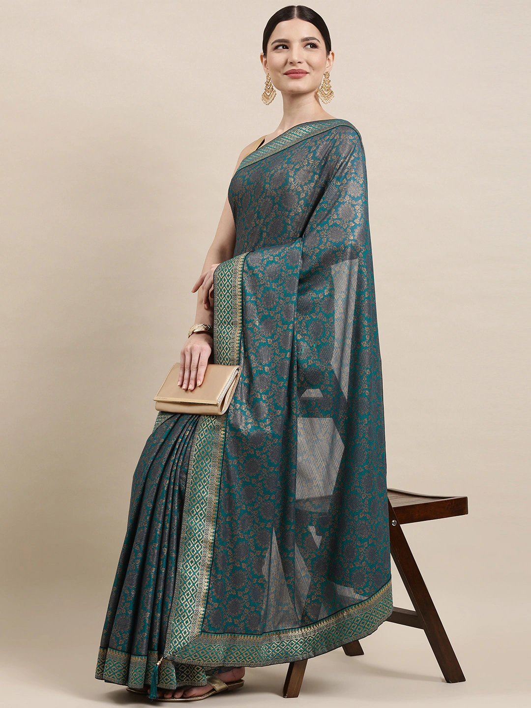 Charcoal Grey & Beige Silk Blend Saree