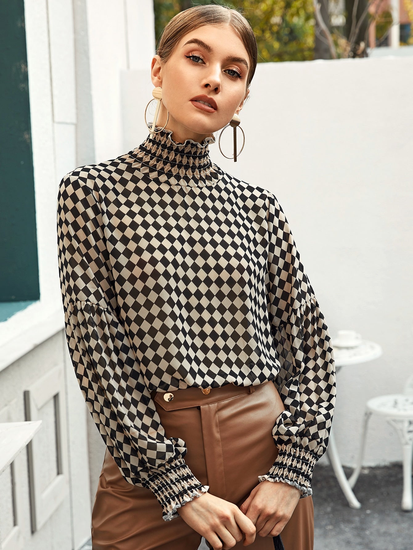 Checkerboard Plaid Frill Trim High Neck Blouse