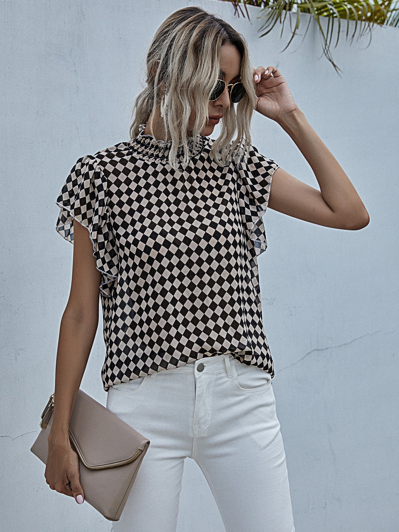 Checkerboard Print Shirred Neck Blouse