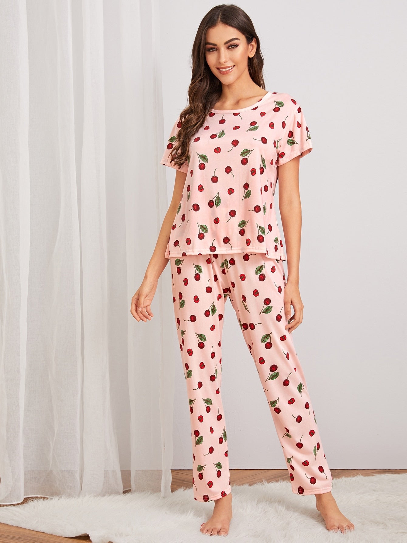 Cherry Print Pajama Set With Eye Mask