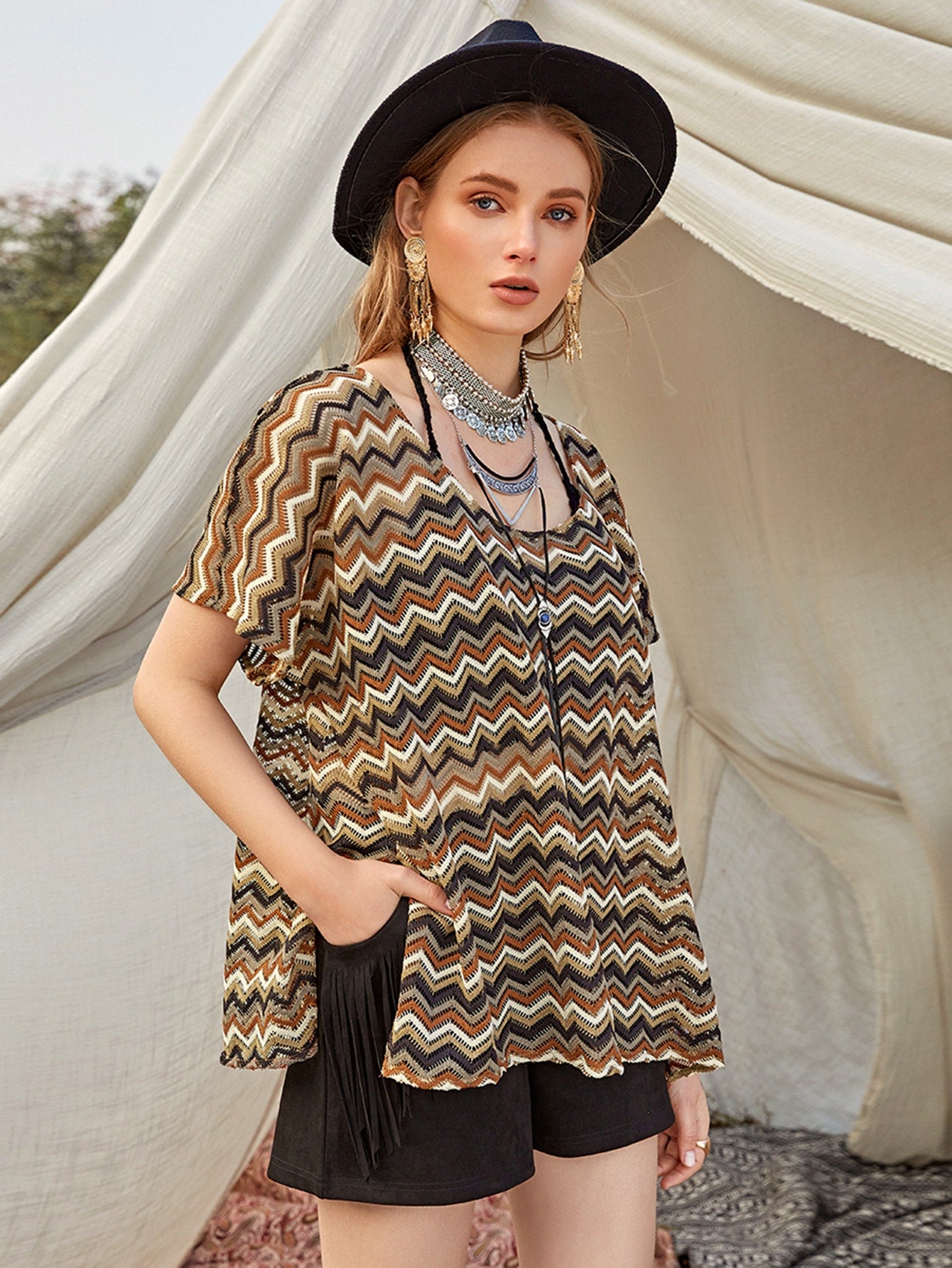 Chevron Print Slit Hem Cover Up