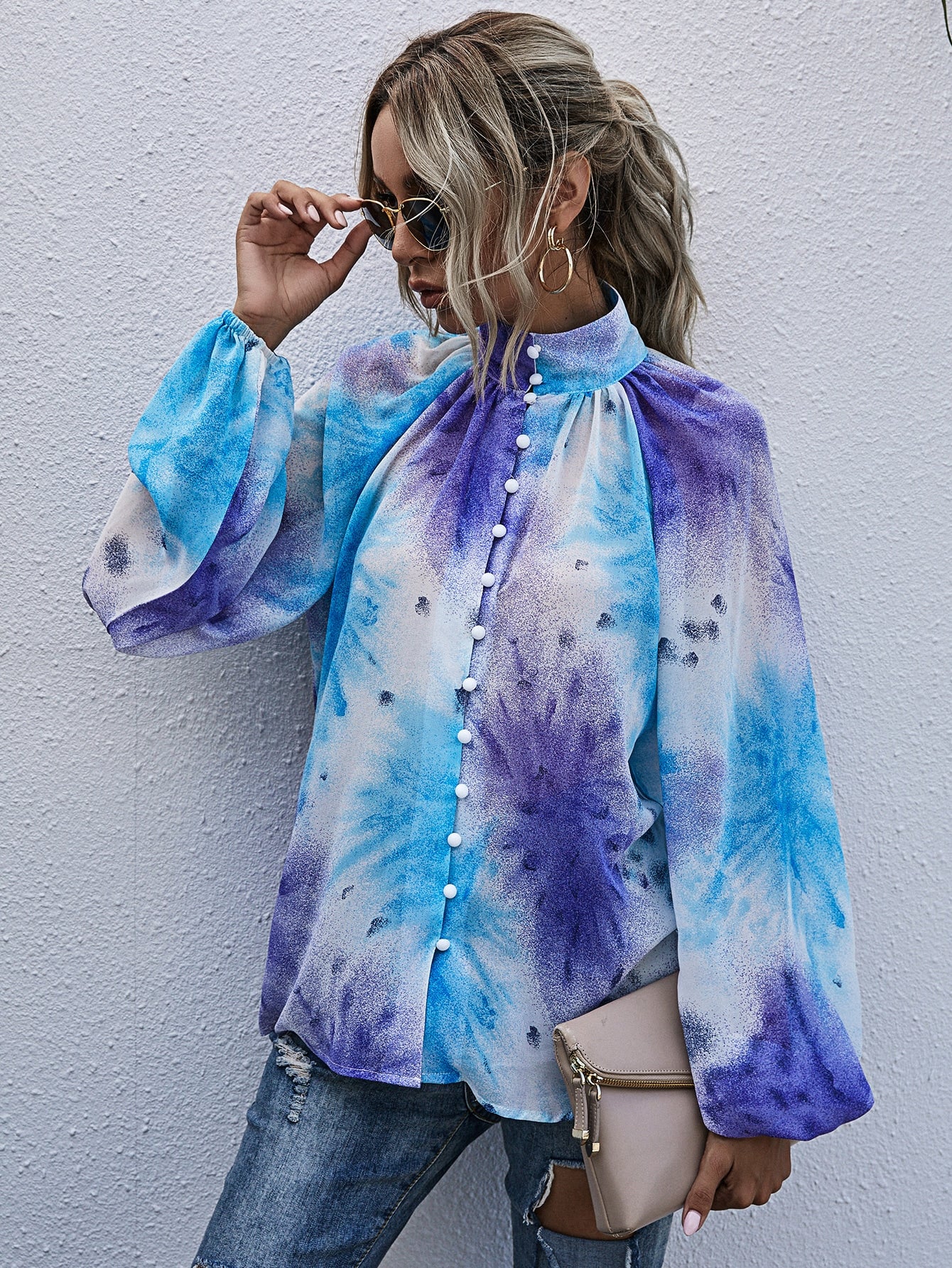 Chiffon Tie Dye Bishop Sleeve Blouse