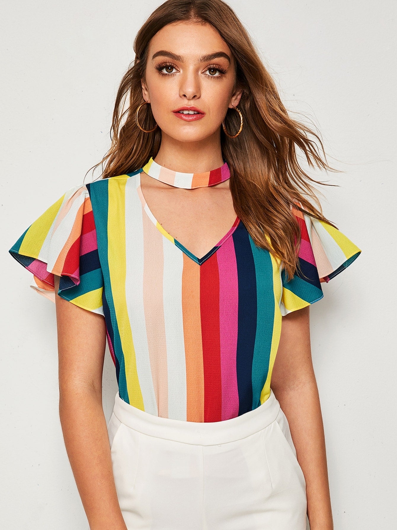 Choker Neck Flutter Sleeve Striped Top