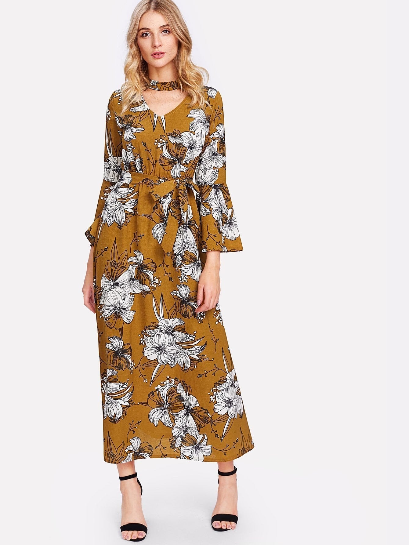 Choker V Neck Flounce Sleeve Floral Dress