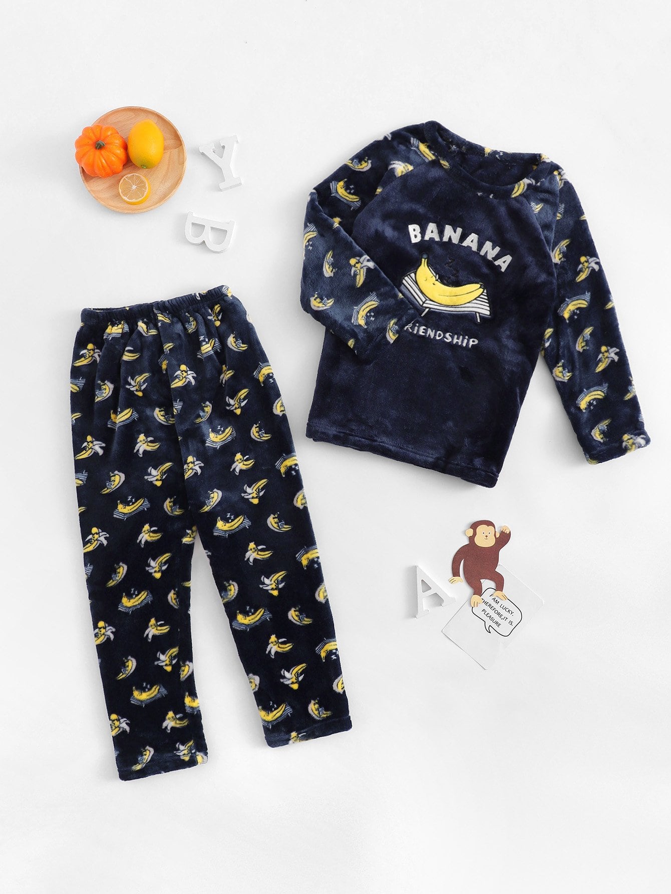 Kids - Christmas Banana Print Plush Pajama Set