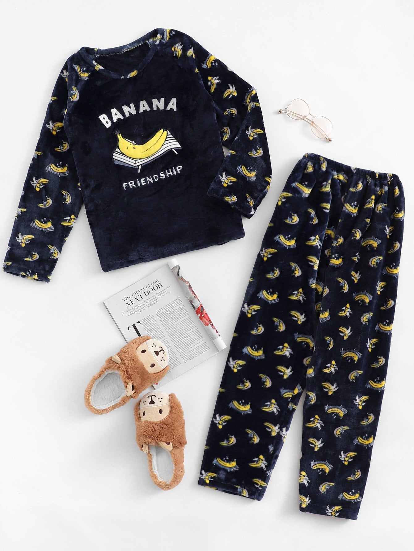 Men's - Christmas Banana Print Plush Pajama Set