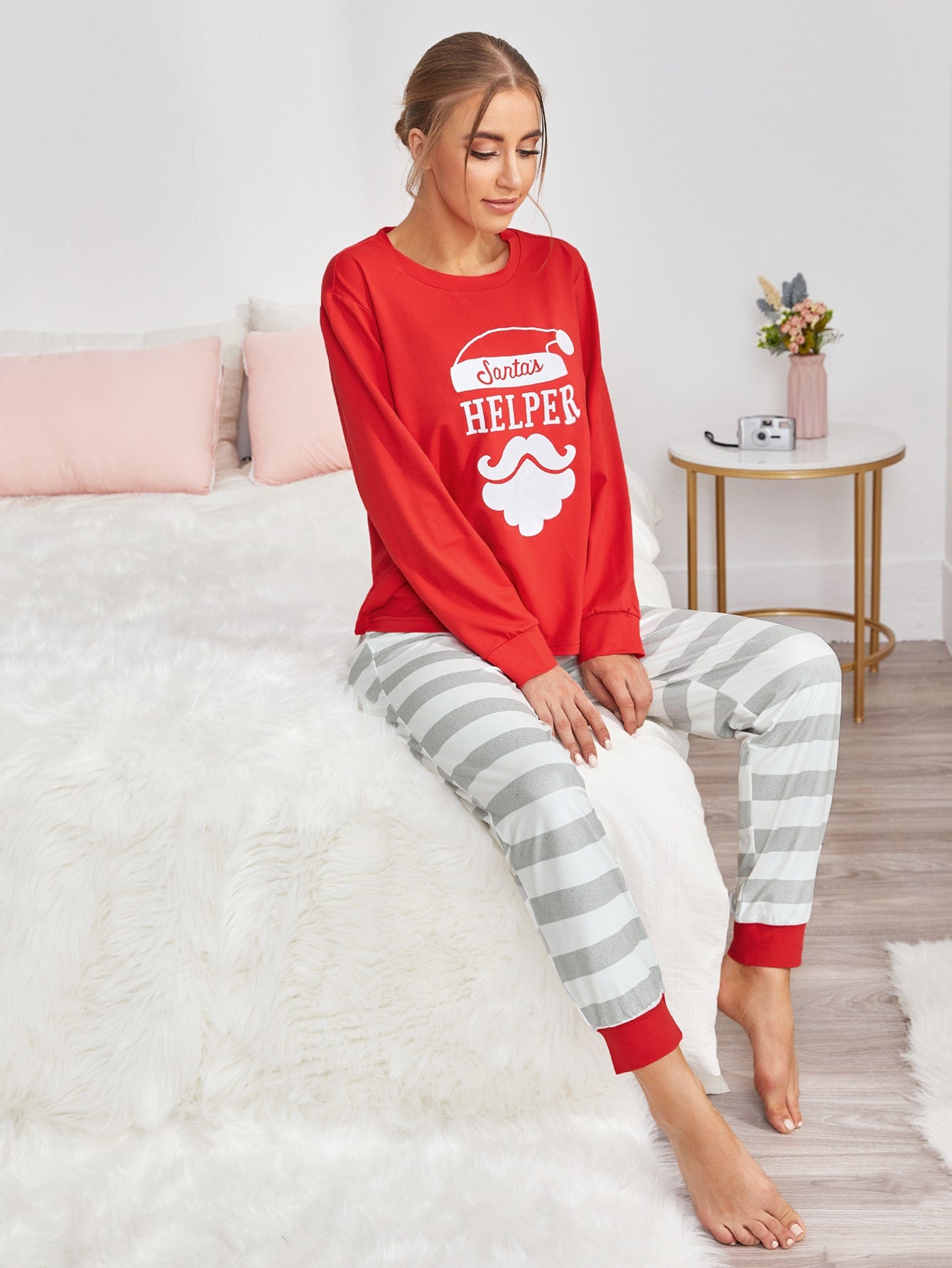 Christmas & Stripe Print Pajama Set